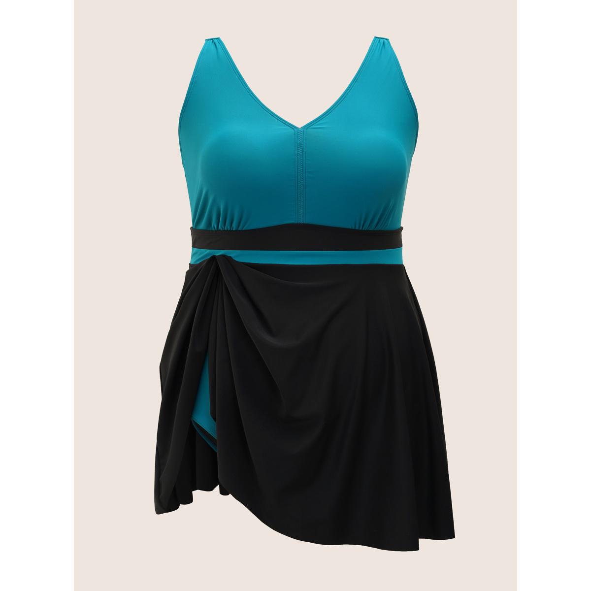 Plus Size V Neck Two Tone Patchwork Swim Dress Women's Swimwear Emerald Beach Bodycon V-neck High stretch Curve Swim Dresses BloomChic 30/6X Product Image