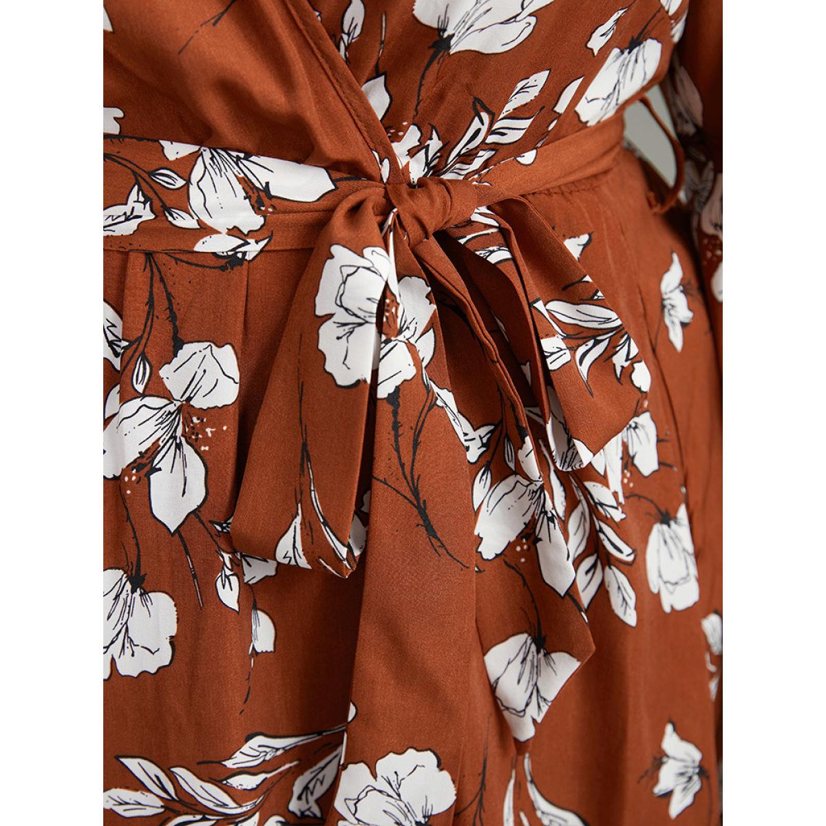 Plus Size Floral Print Wrap Hem Ties Dress Rust Women Elegant Elastic cuffs Overlap Collar Long Sleeve Curvy Midi Dress BloomChic 14-16/1X Product Image