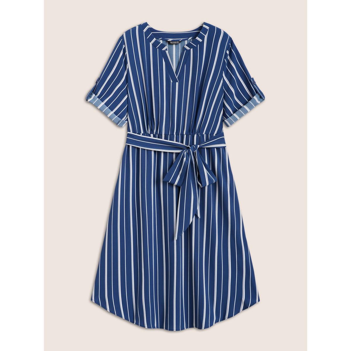 Plus Size Notched Striped Button Cuff Sleeve Dress Mediumblue Women Workwear Essentials Belted Flat collar with V-notch Half Sleeve Curvy BloomChic 12/L Product Image