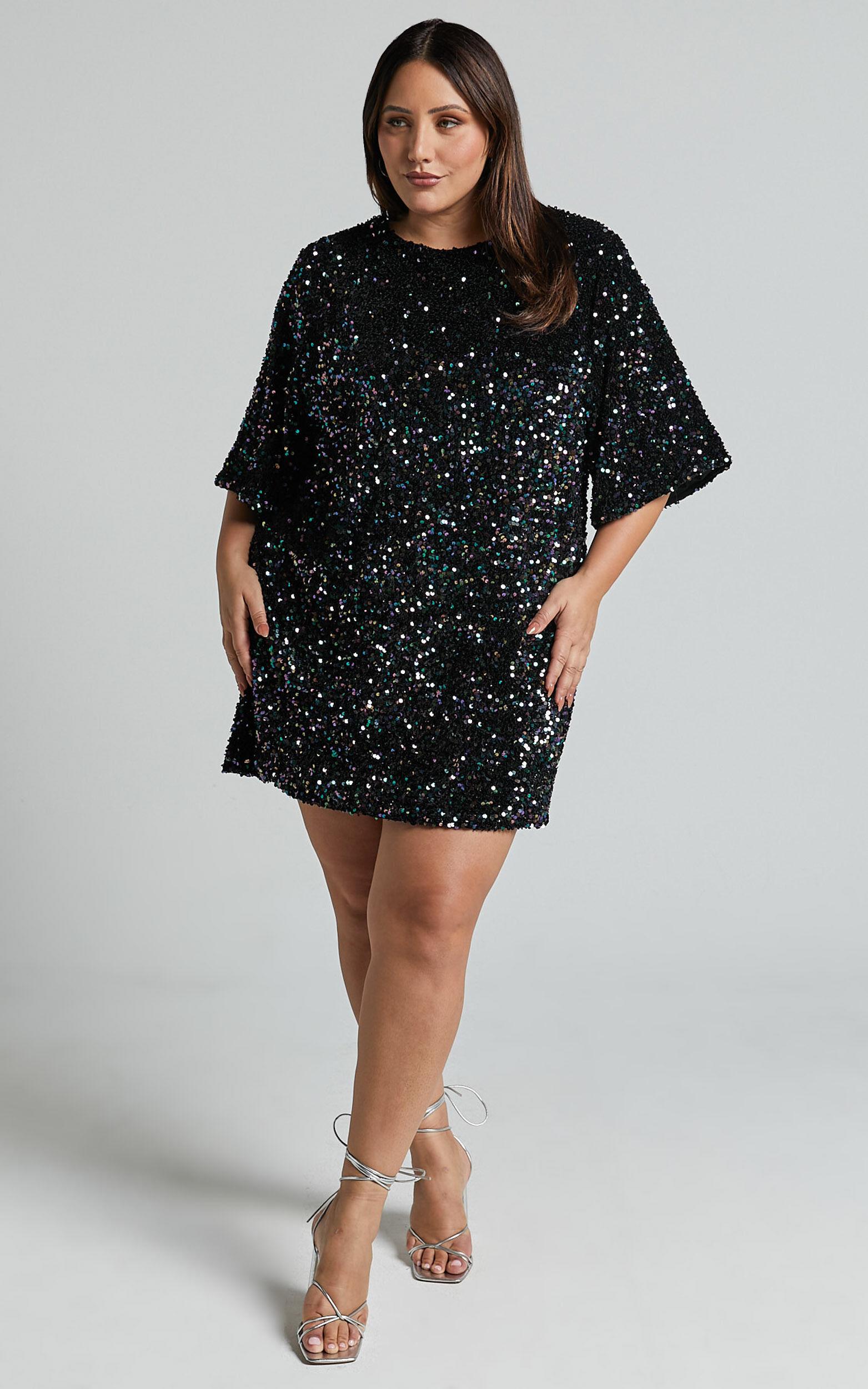Valetta Mini Dress - Sequin low back shift dress in Midnight Blue Sequin Product Image