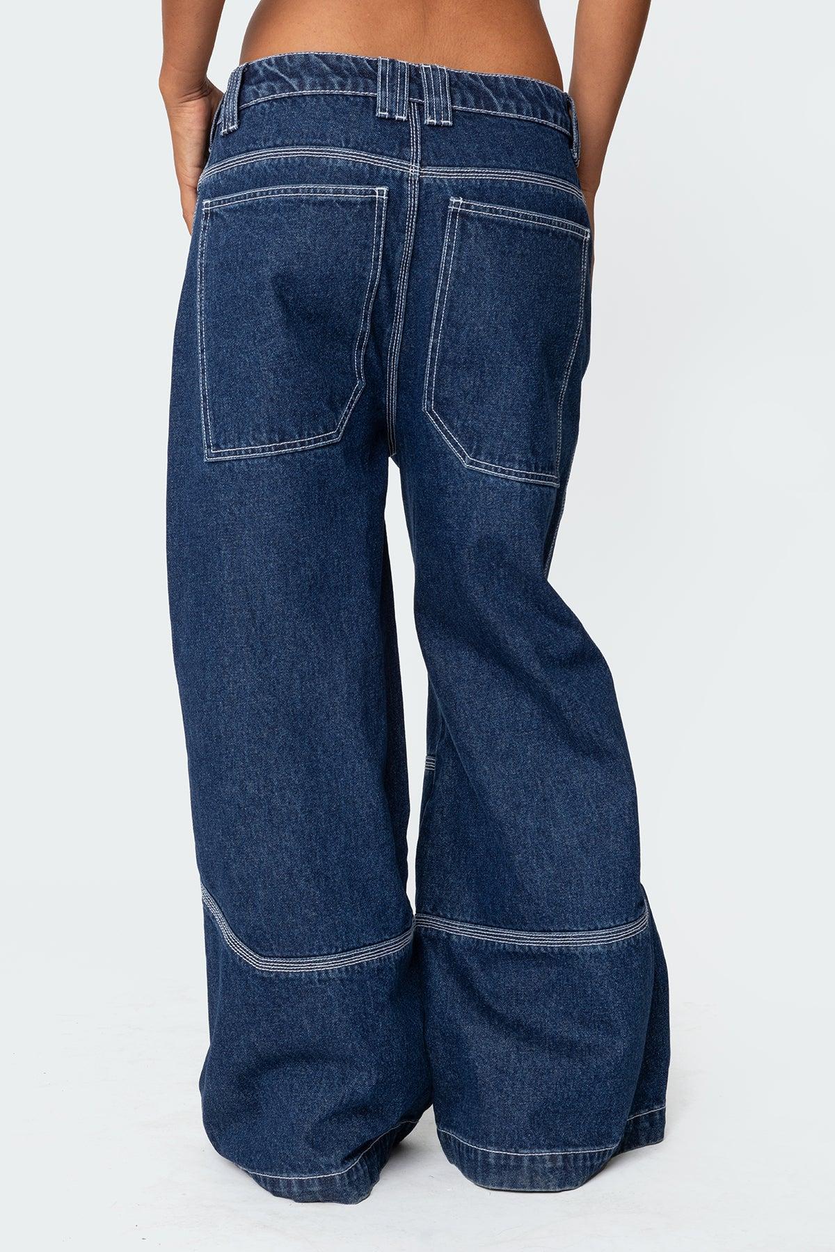 Super Wide Contrast Stitch Low Rise Jeans Product Image