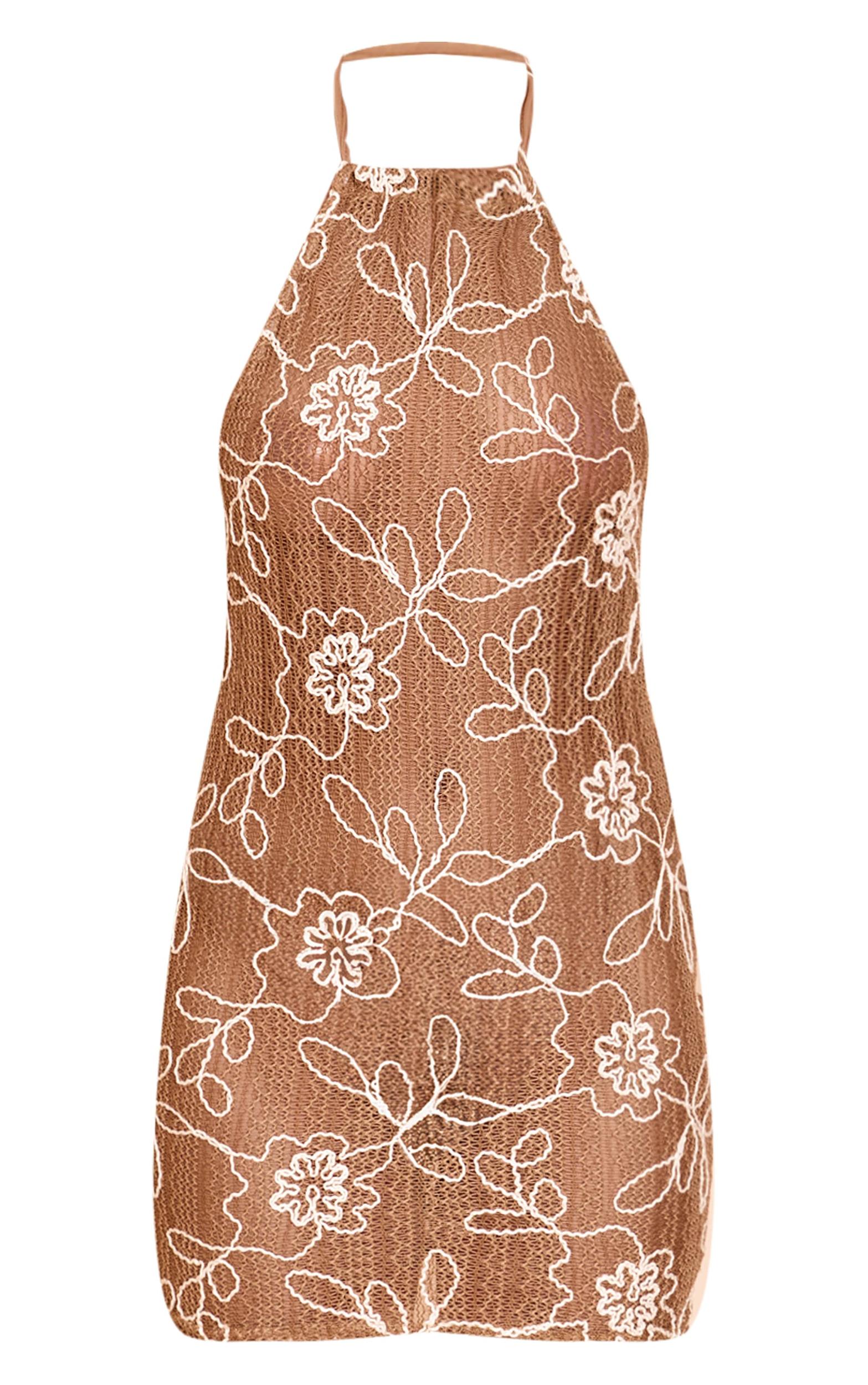 Tan Textured Floral Halterneck Low Back Bodycon Dress Product Image