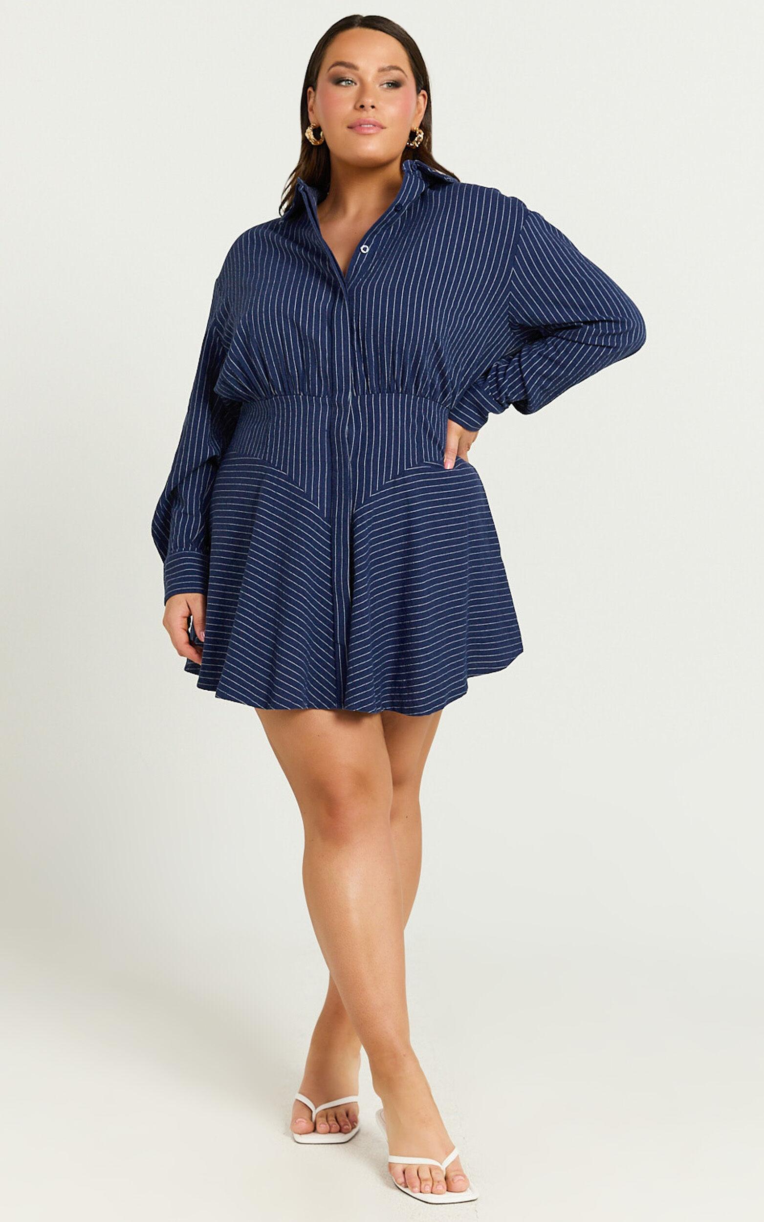 Whitney Mini Dress - Linen Long Sleeve Shirt Dress in Navy Product Image