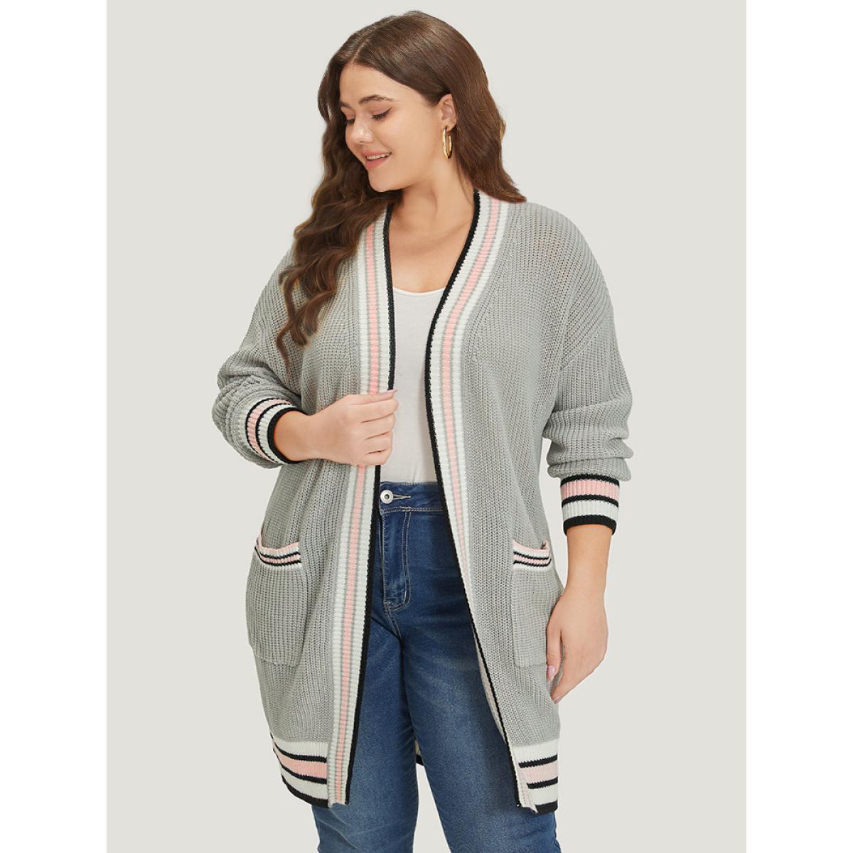 Plus Size Striped Contrast Drop Shoulder Elastic Cuffs Cardigan LightGray Women Casual Loose Long Sleeve Dailywear Cardigans BloomChic 12/L Product Image