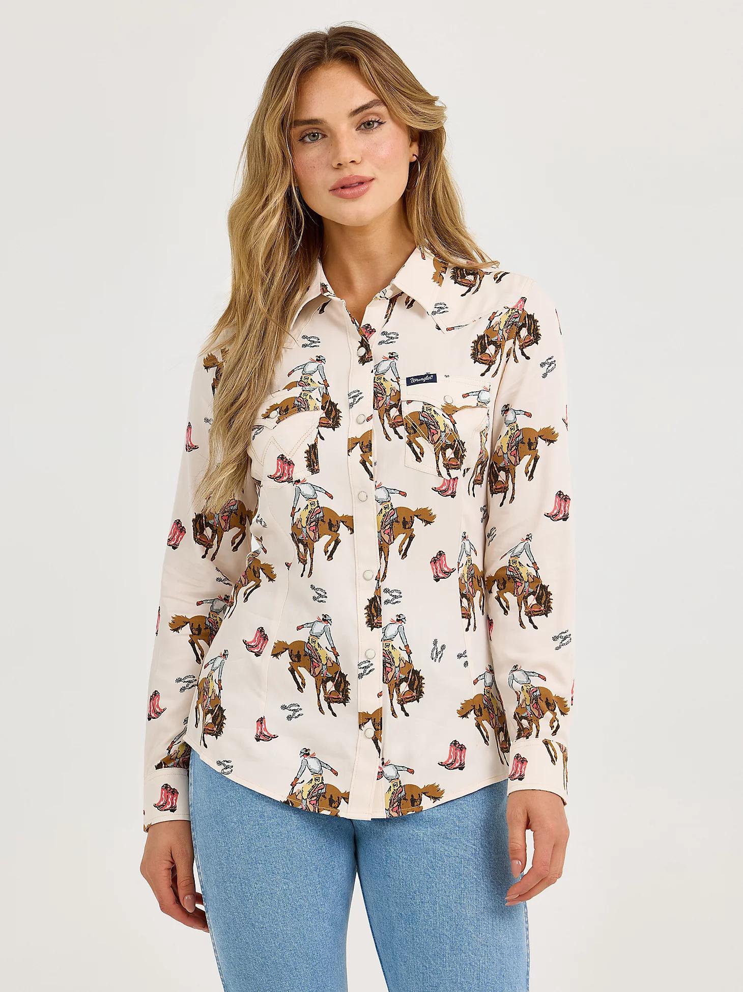 Women's Wrangler Bold Bucking Cowboy Western Snap Shirt in Cowboy/Cream Product Image
