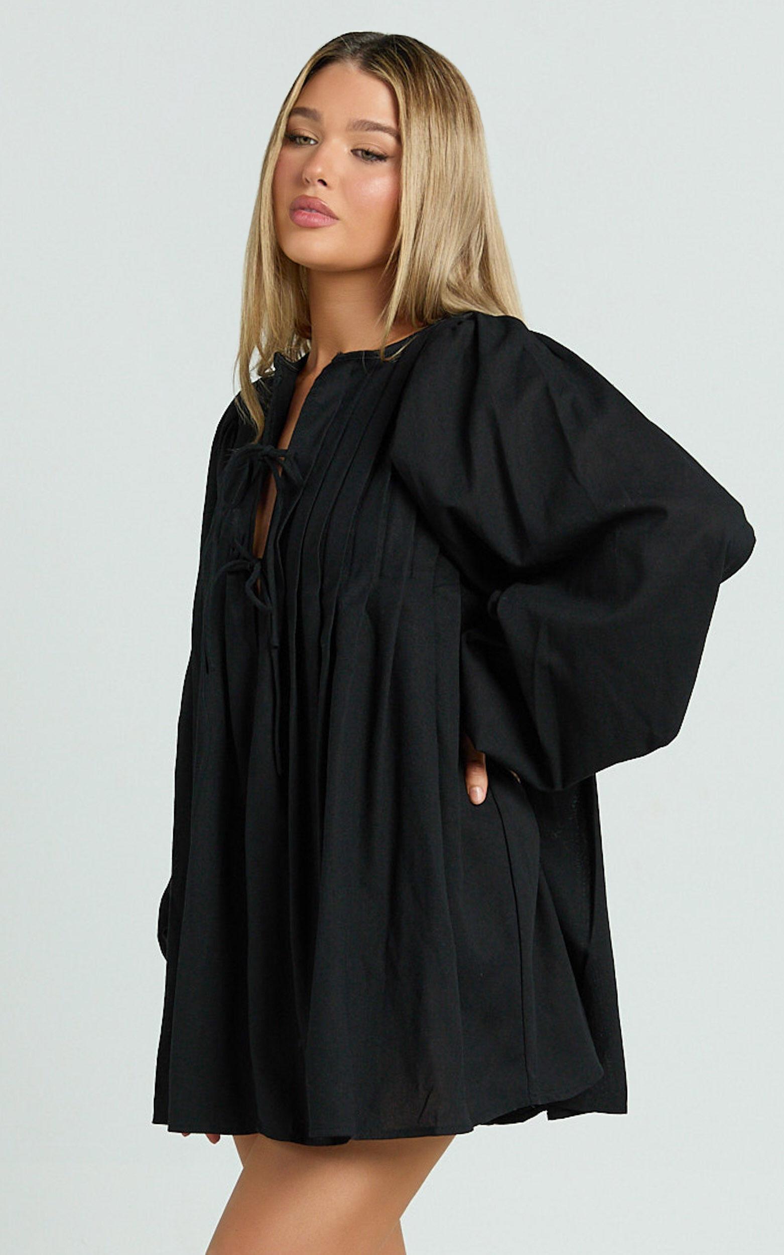 Suzette Mini Dress - High Neck Tie Front Long Sleeve Pleat Front Babydoll Dress in Black Product Image