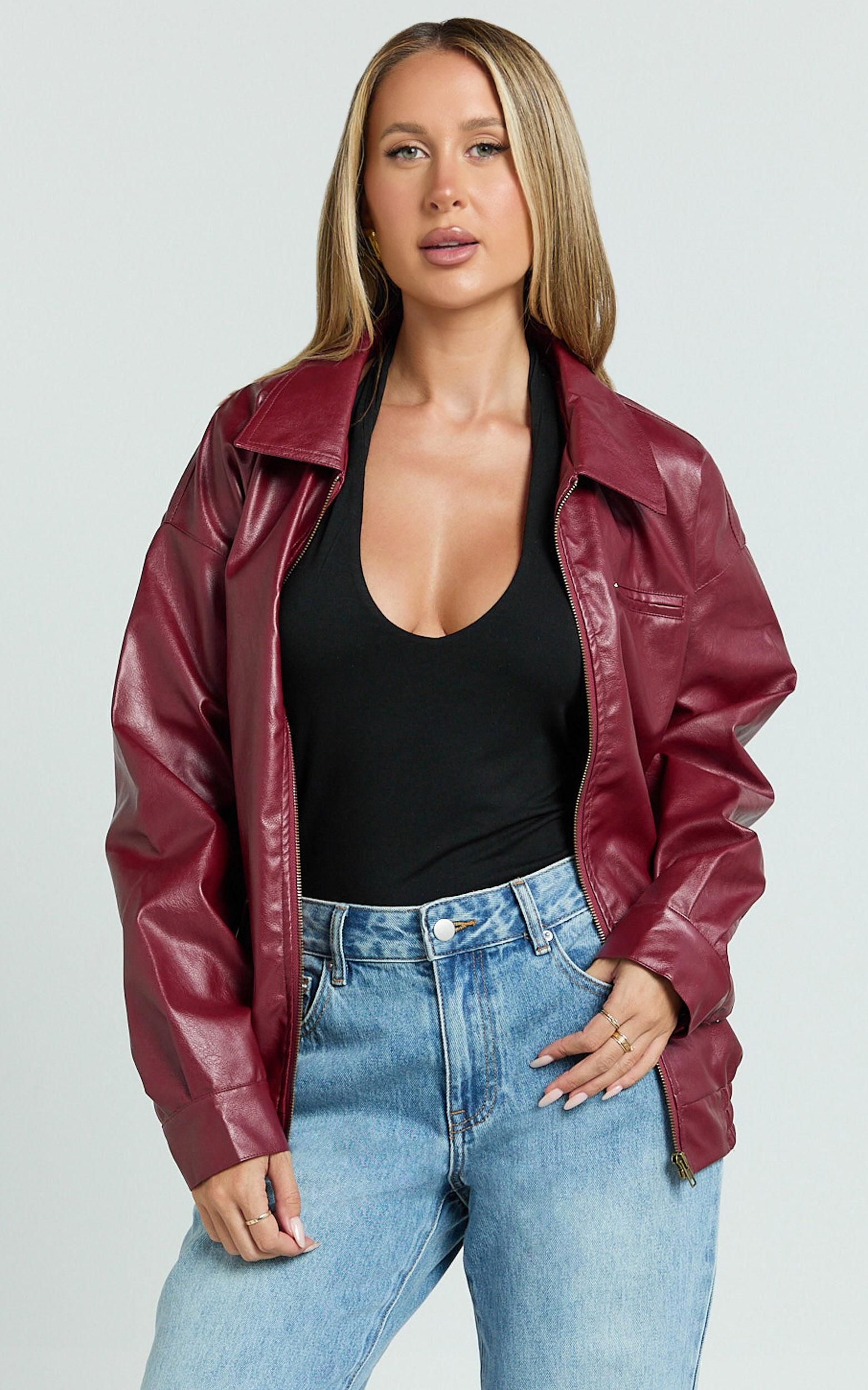 Chloe Jacket - Faux Leather Bomber Jacket in Wine Product Image