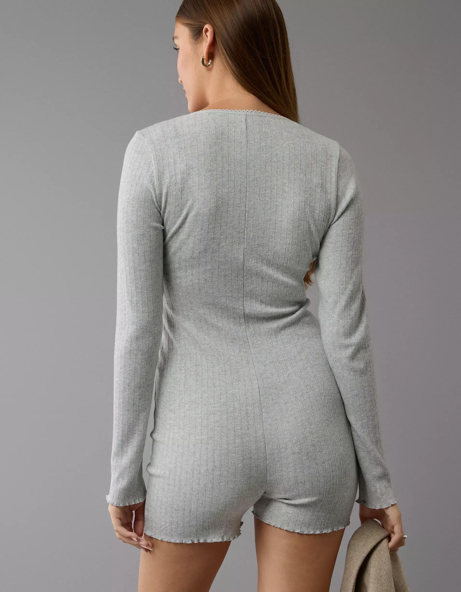 AE Long-Sleeve Henley Lounge Romper Product Image
