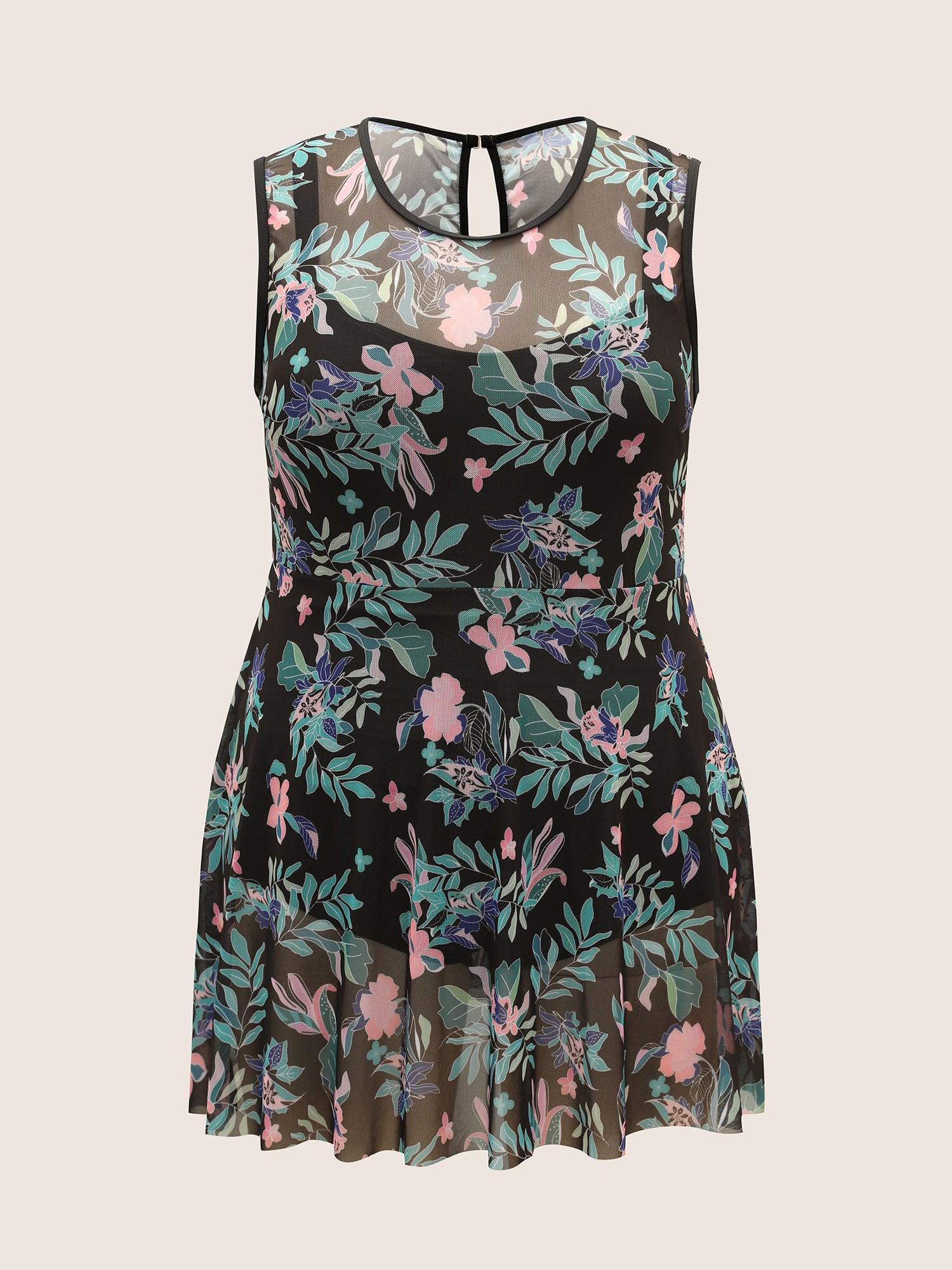 U Neck Tropical Print See Through Swim Dress Female Product Image