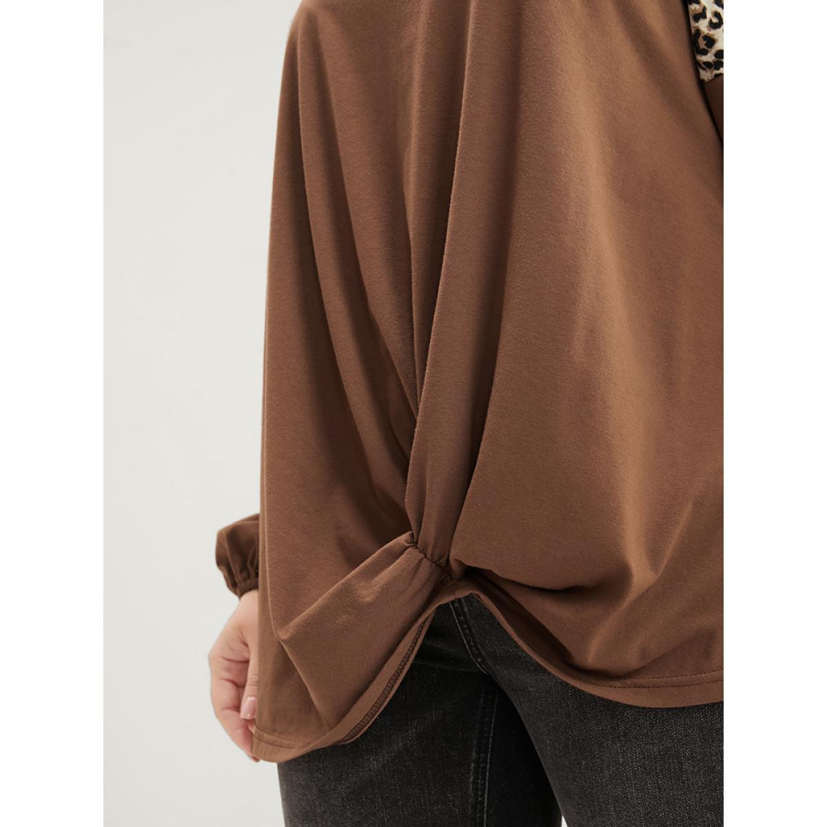 Plus Size Leopard Patchwork Lantern Sleeve Twist Front Sweatshirt Women DarkBrown Elegant Contrast Round Neck Dailywear Sweatshirts BloomChic 28/5X Product Image