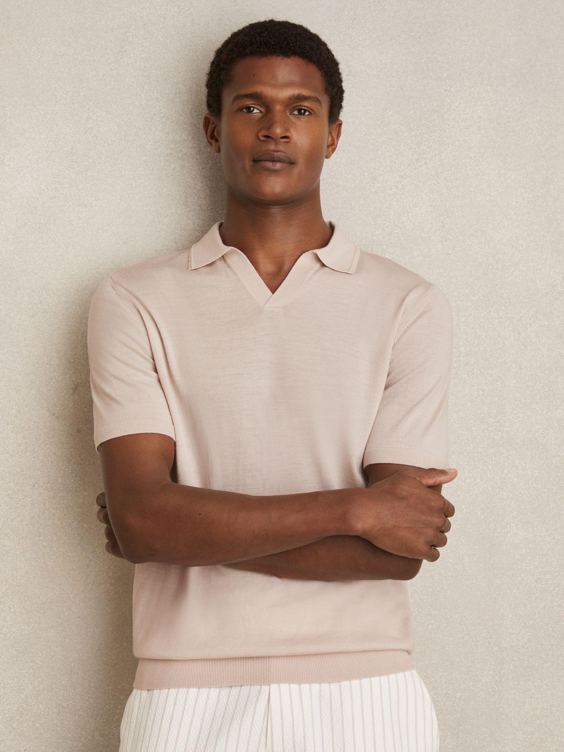 Merino Wool Open-Collar Polo Shirt in Beige Product Image
