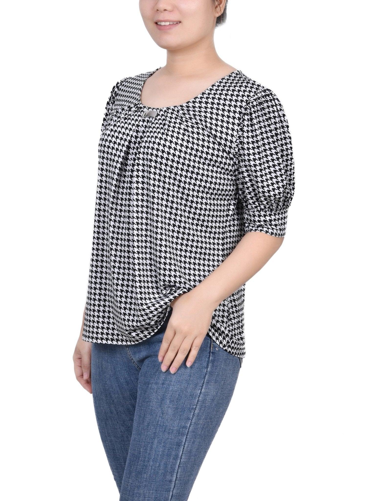 Black White Herringbone Short Sleeve Balloon Sleeve Top - Petite Product Image