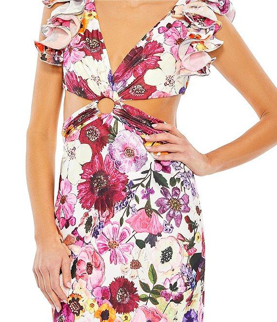 Mac Duggal Floral Charmeuse V-Neck Sleeveless Ruffle O-Ring Cut-Out Tiered Gown Product Image