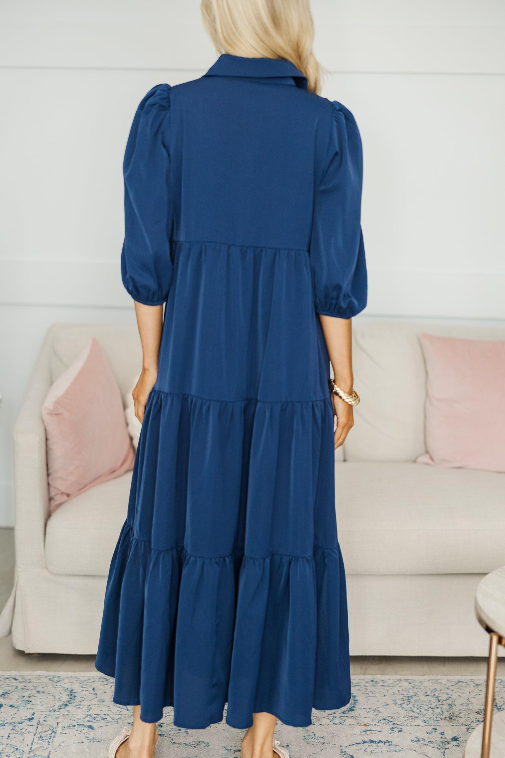 NURSING COLLECTION: Love Found Navy Blue Tiered Midi Dress Female Product Image