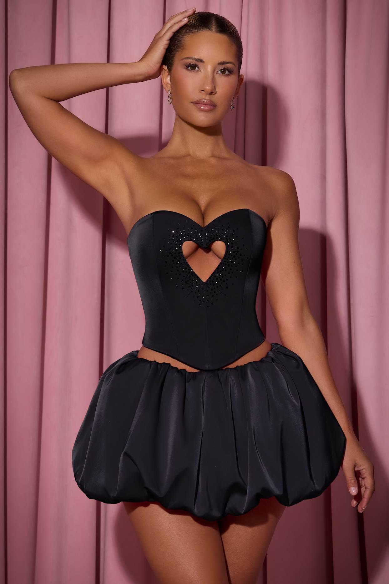 Embellished Heart Cut-Out Strapless Corset Top in Black Product Image