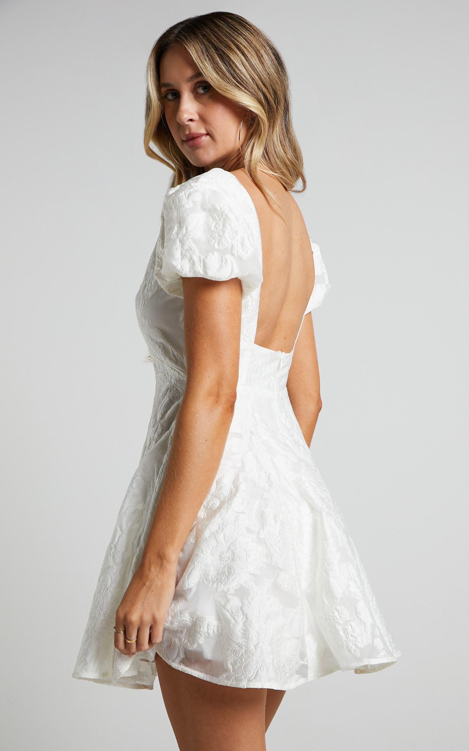 Brailey Jacquard Mini Dress - Puff Sleeve Dress in White Product Image