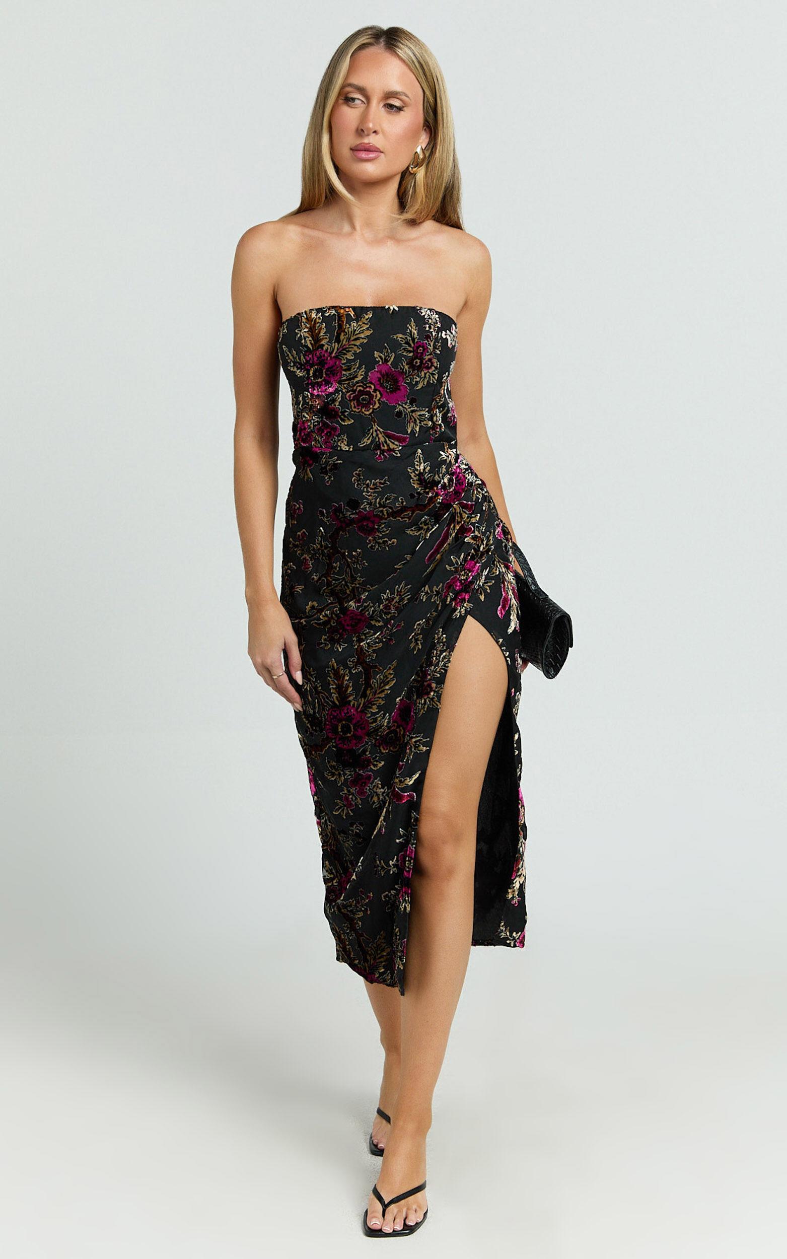 Jessell Midi Dress - High Split Strapless Dress in Black Floral Product Image