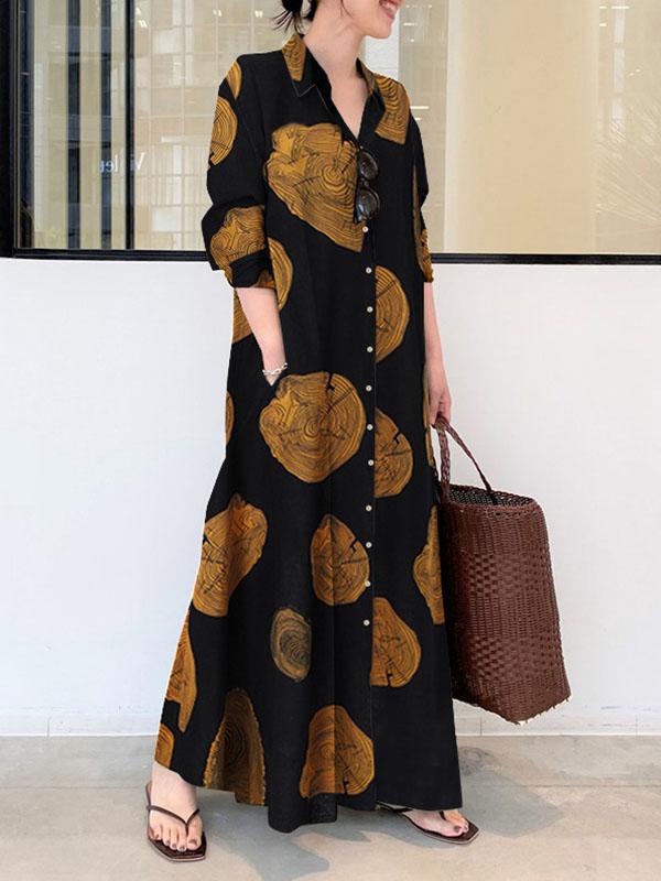 Long Sleeves Loose Printed Split-Joint Lapel Maxi Dresses Shirt Dress Product Image