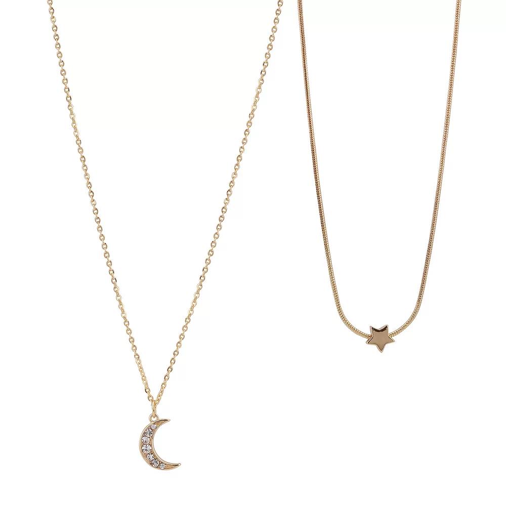 FAO Schwarz Gold Tone Crystal Star & Moon Duo Necklaces Set, Women's Product Image