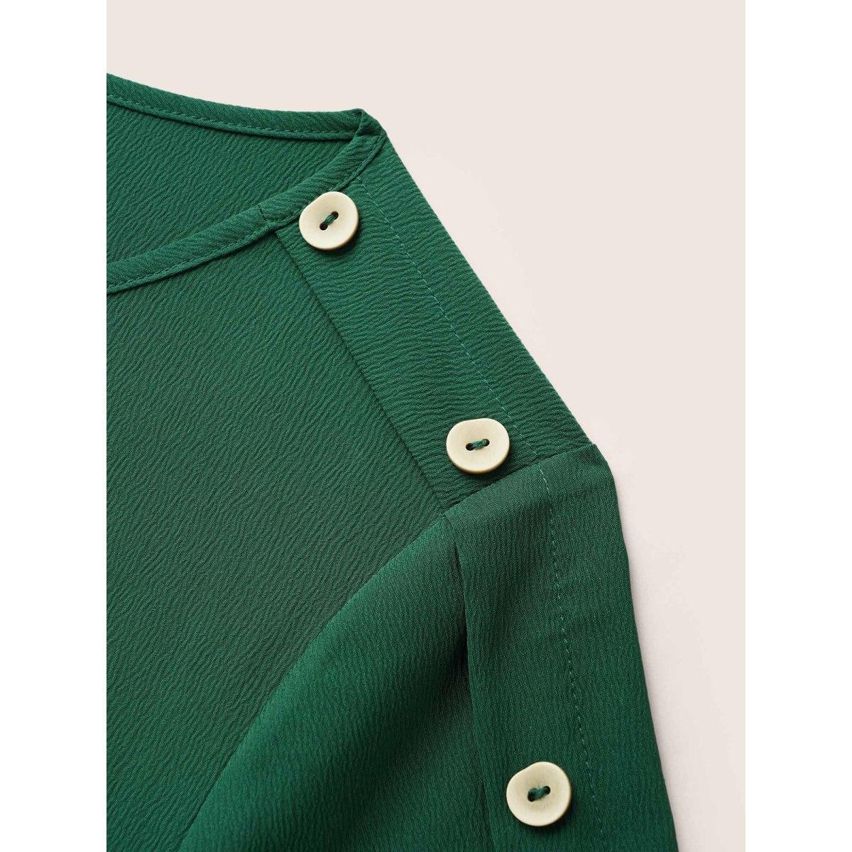 Plus Size Plain Textured Boat Neck Button Detail Knee Dress Emerald Women Work From Home Belted Boat Neck Short sleeve Curvy BloomChic 22-24/3X Product Image