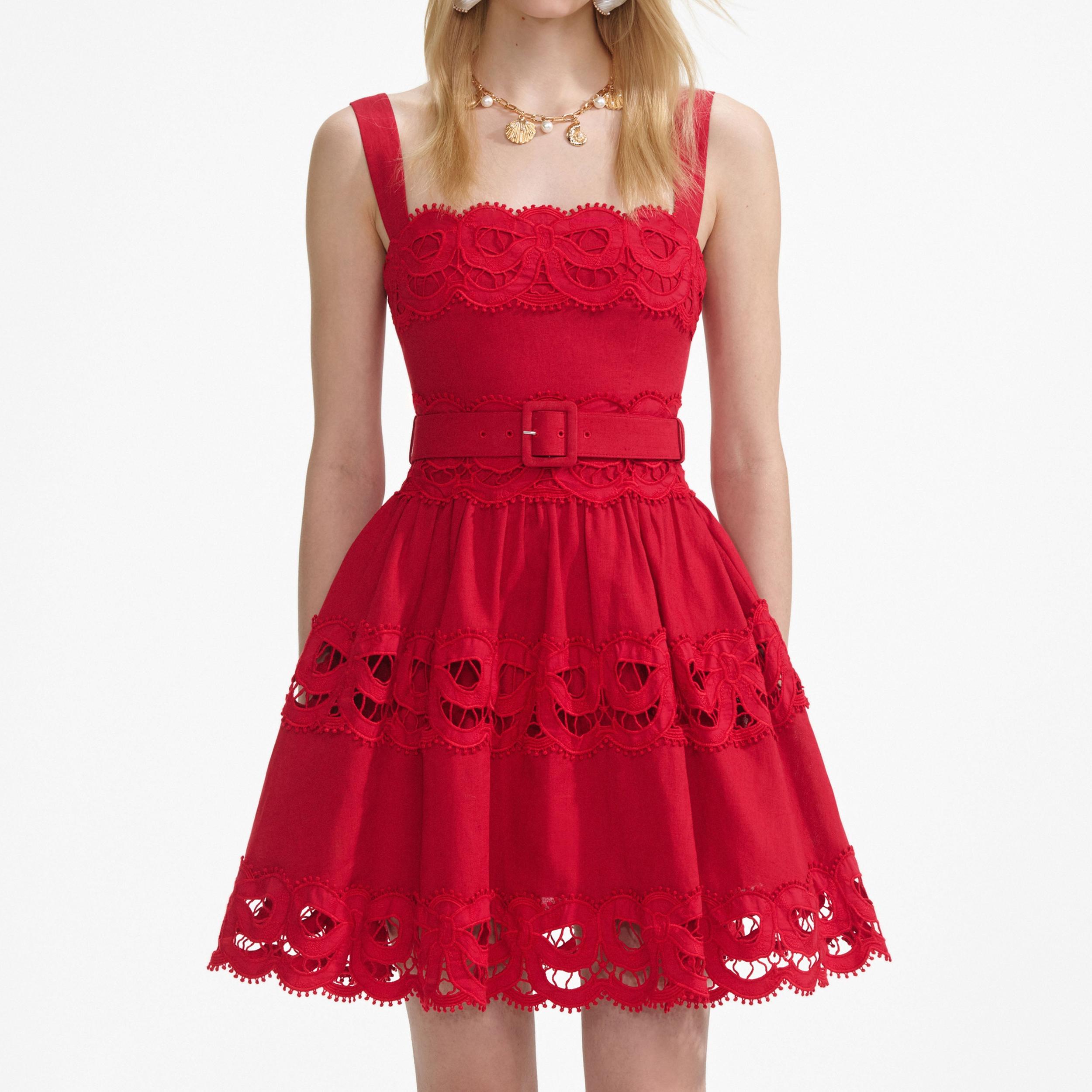 Red Linen Lace Insert Mini Dress Product Image