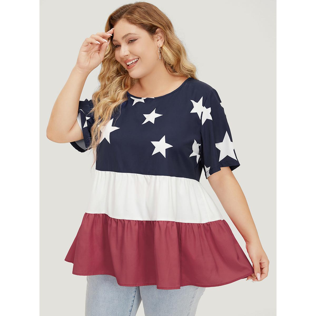 Plus Size Multicolor Star Patchwork Contrast Layered Hem Blouse Women Elegant Short sleeve Round Neck Everyday Blouses BloomChic 12/L Product Image