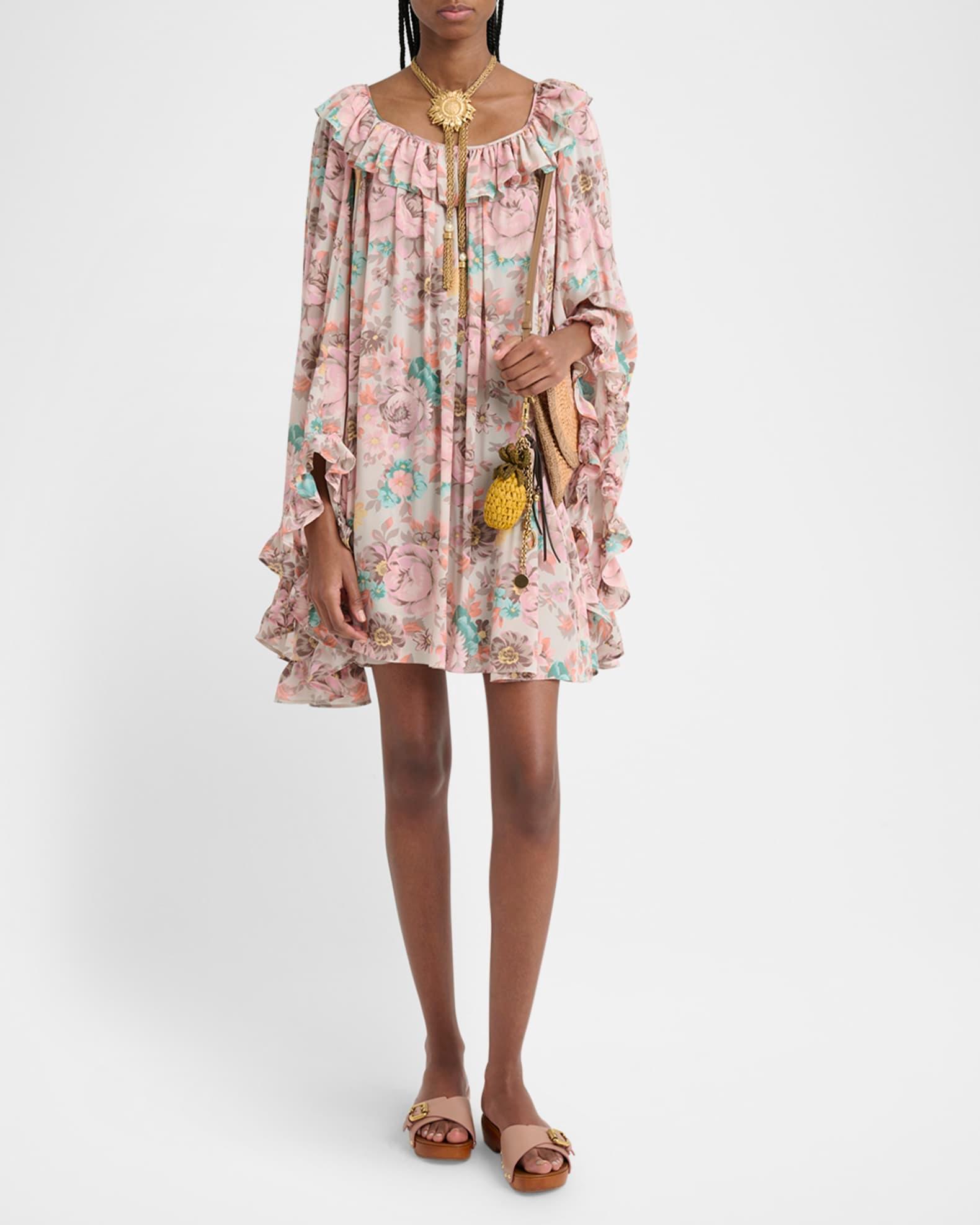 Ruffle-Trim Silk Mini Shift Dress Product Image