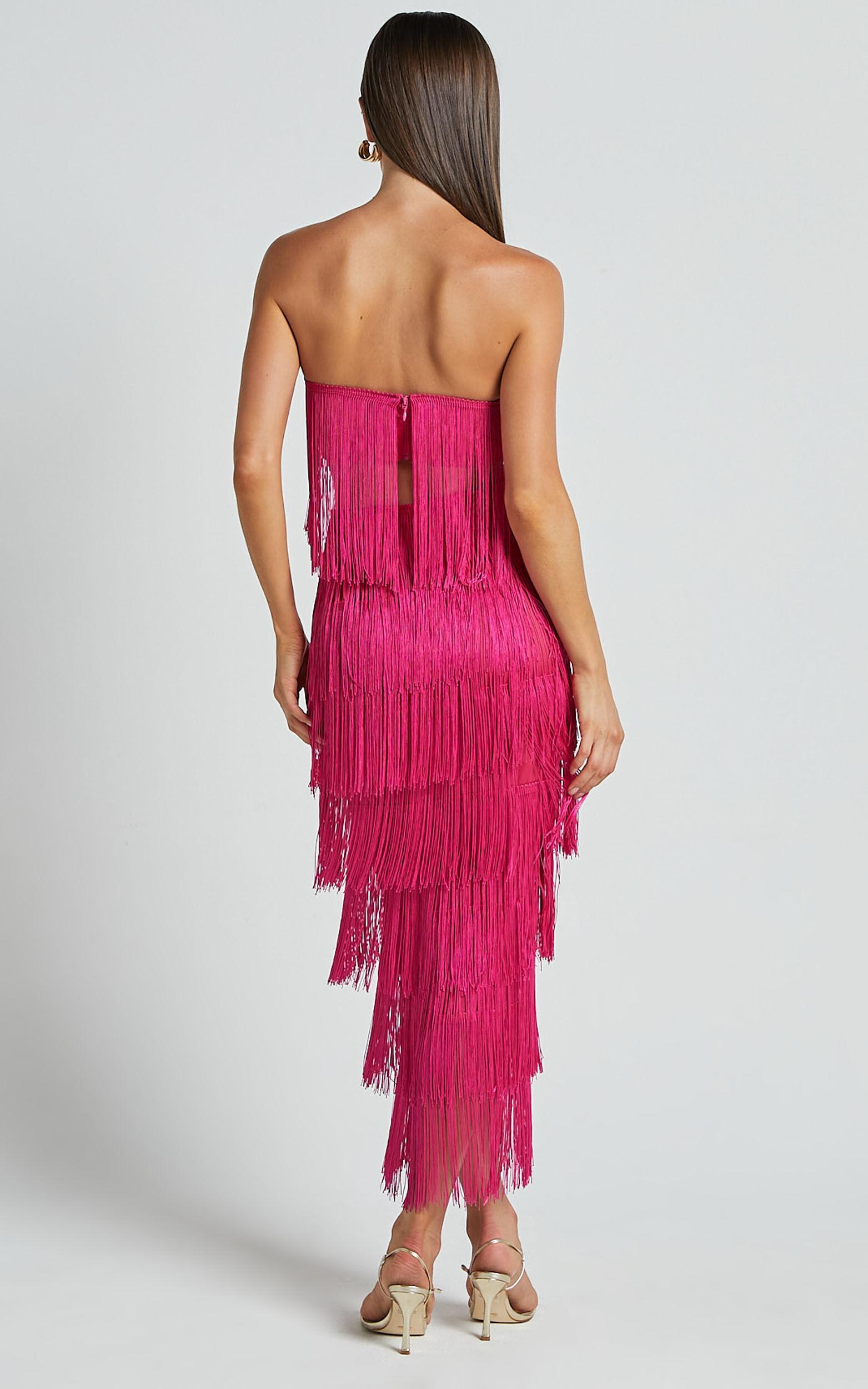 Amalee Two Piece Set - Fringe Strapless Crop Top and Midi Skirt Set in Pink Product Image