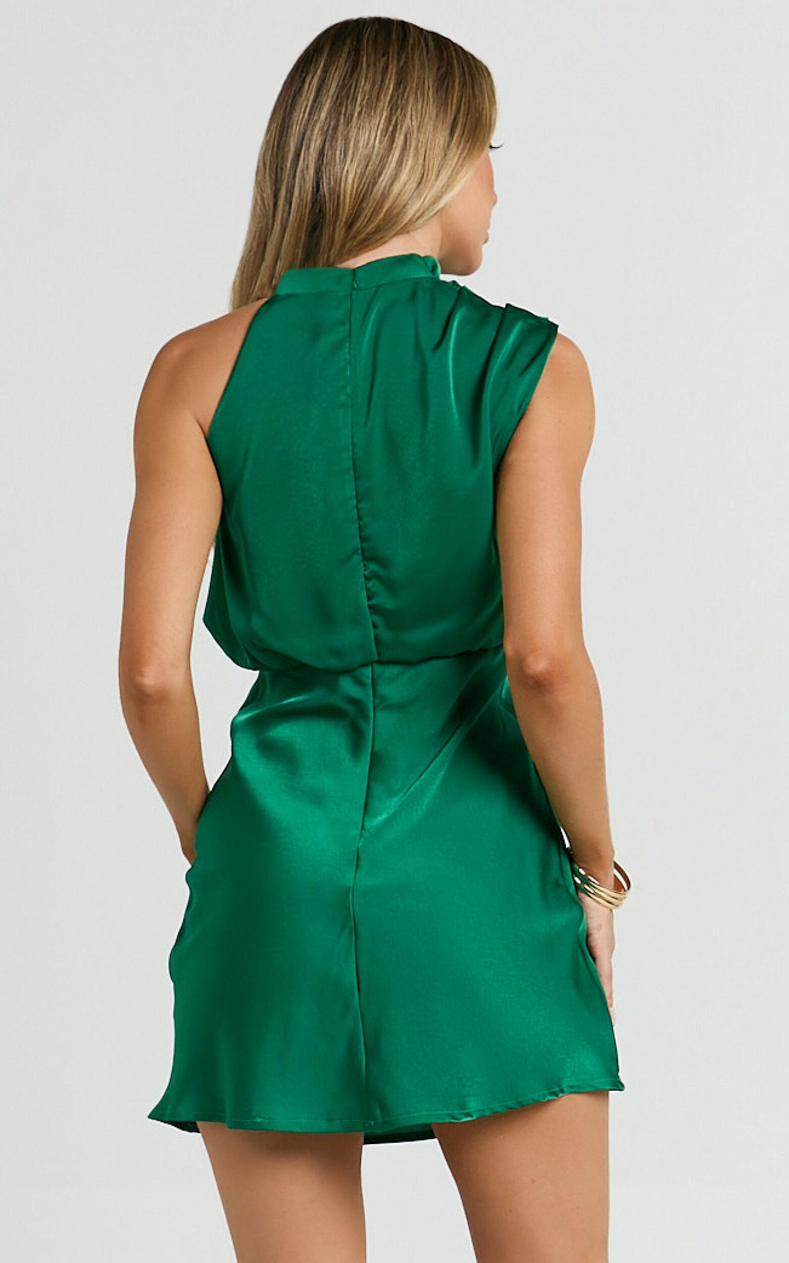 Schantal Mini Dress - Drape Neck Satin Slip Dress in Emerald Product Image