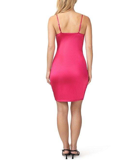Stevie by Steve Madden Stretch Satin V-Neck Side Slit Lace Trim Dress Product Image