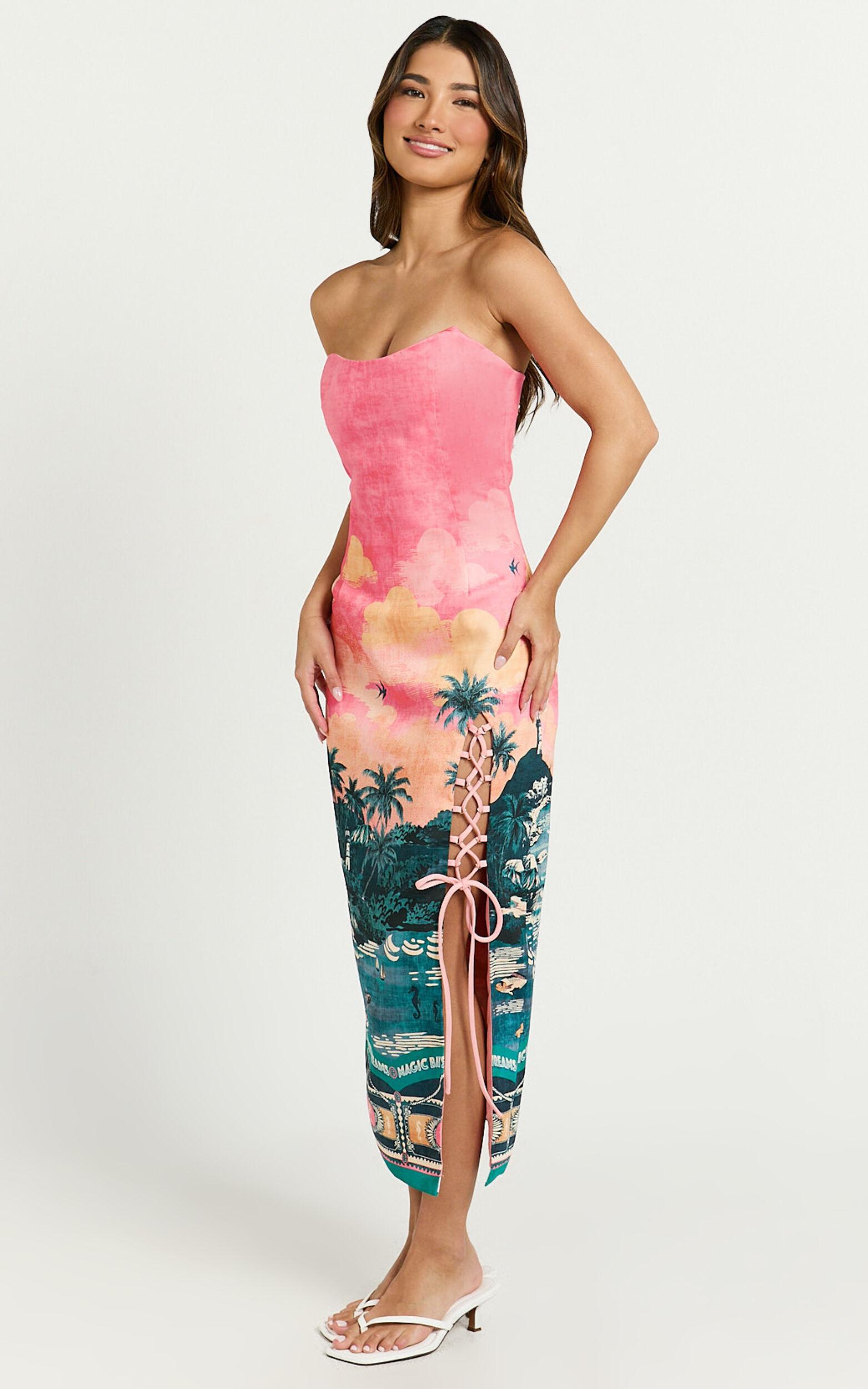 Amalie The Label - Leesha Strapless Fitted Split Leg Midi Dress in Island Sunset Print Product Image