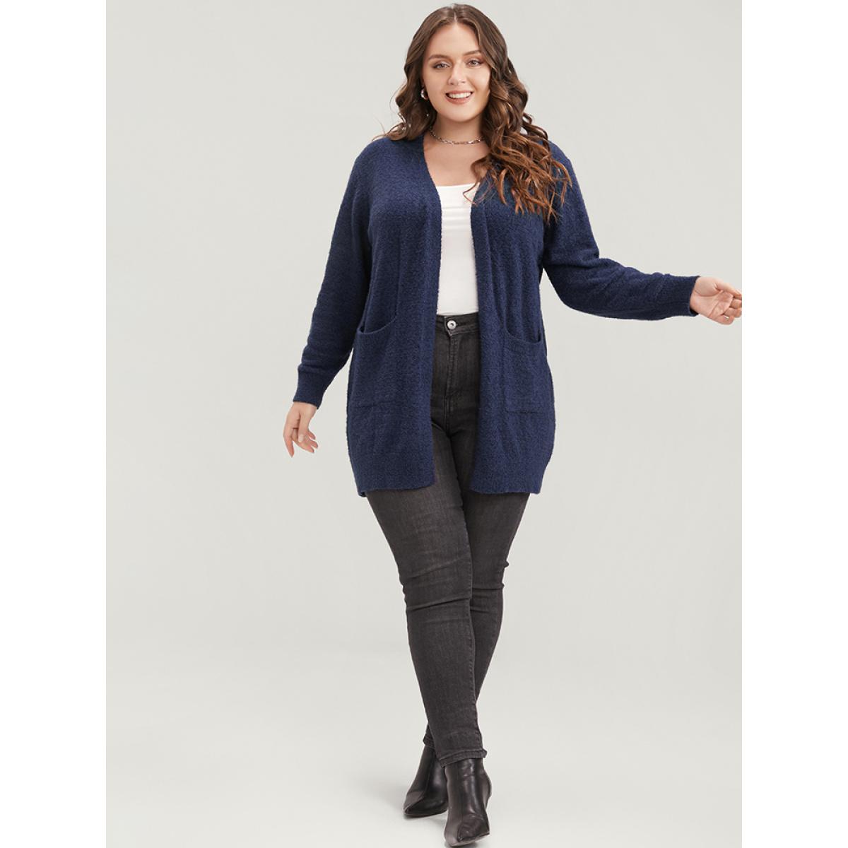 Plus Size Solid Super Soft Plush Knit Open Front Cardigan DarkBlue Women Casual Loose Long Sleeve Office Cardigans BloomChic 14-16/1X Product Image