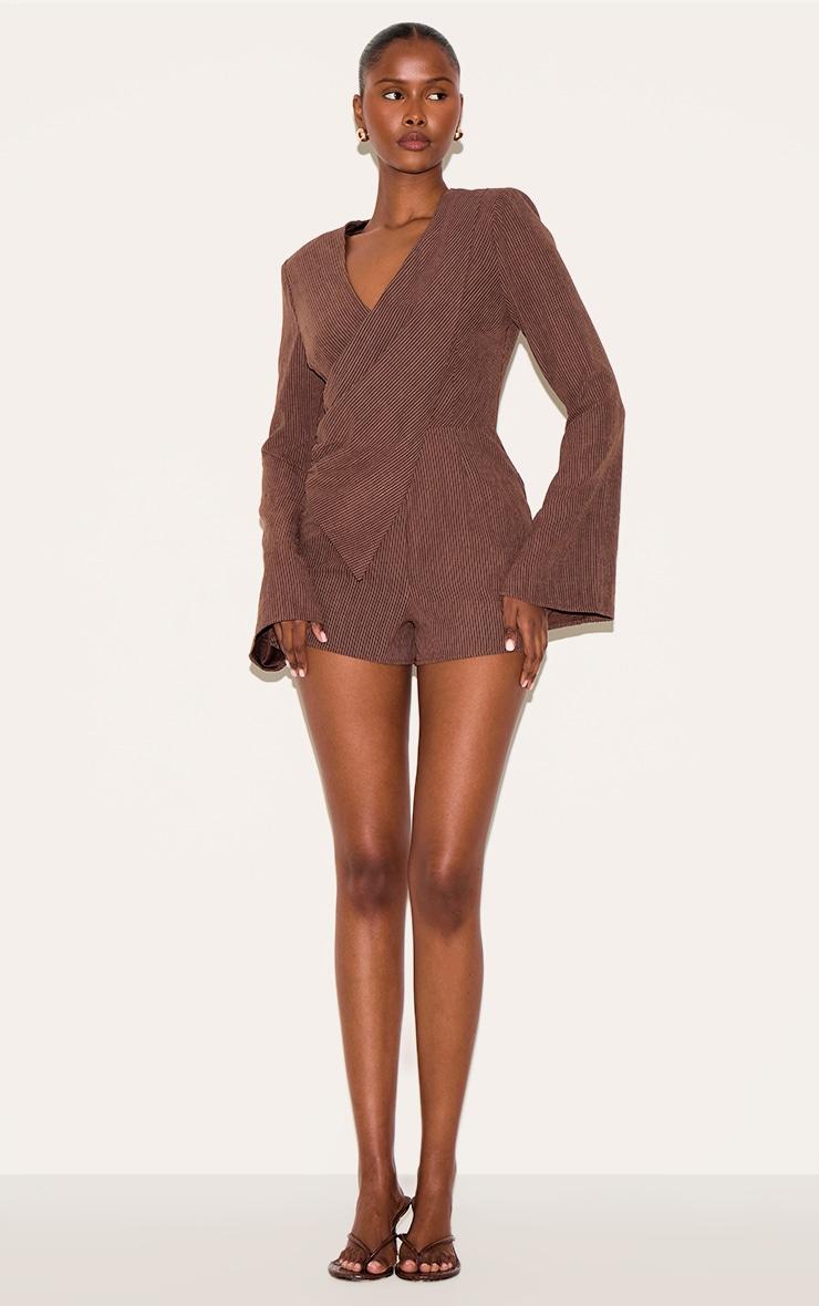 Brown Pinstripe Peachskin Wrap Front Long Sleeve Romper Product Image