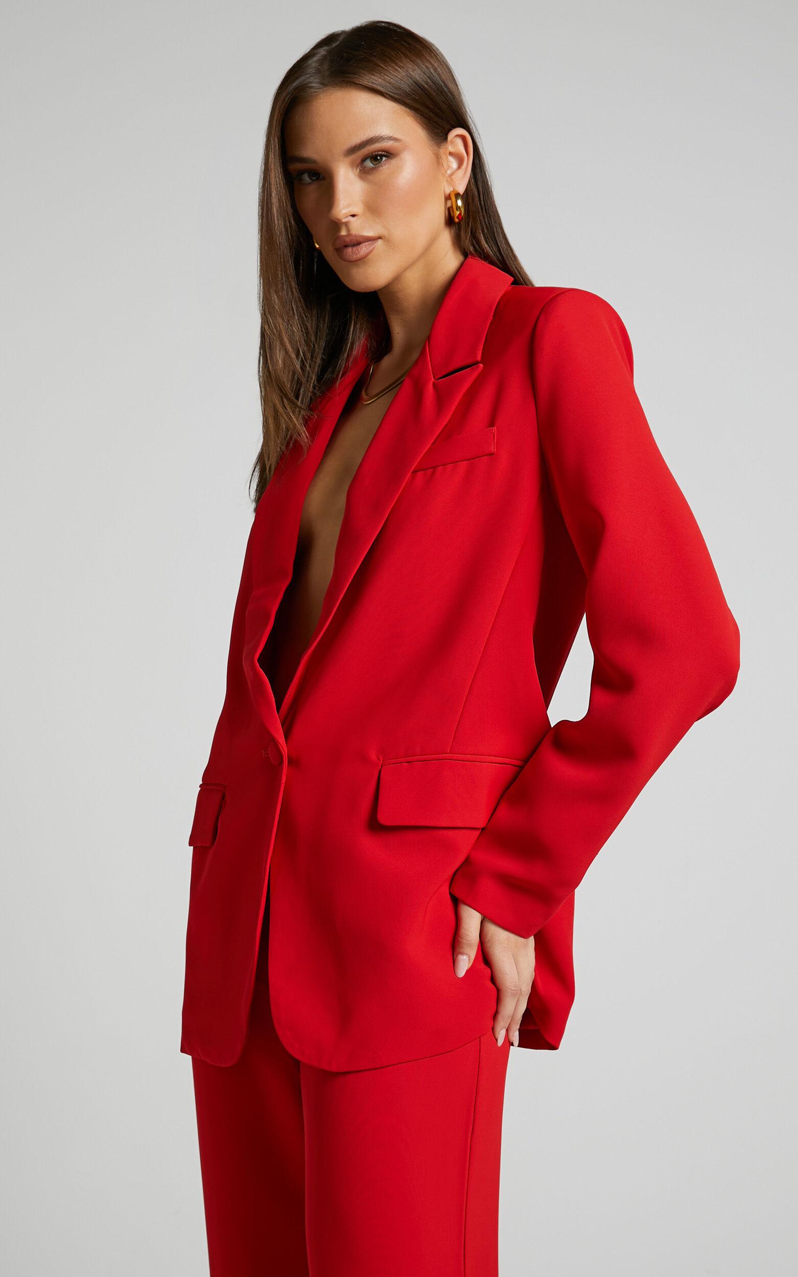 Michelle Blazer - Oversized Plunge Neck Button Up Blazer in Red Product Image