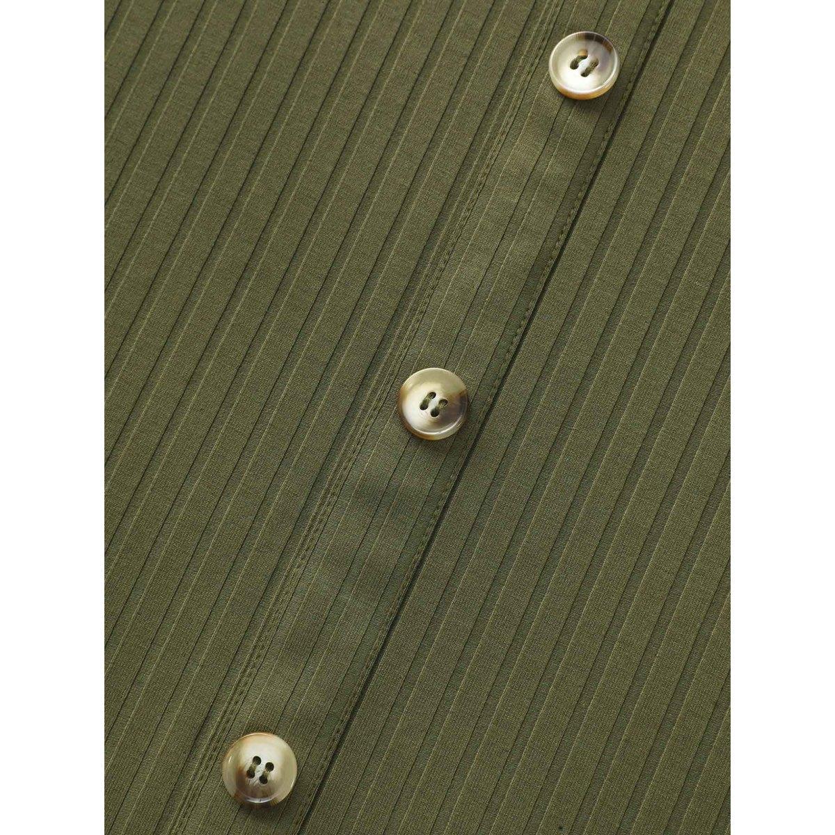 Plus Size U Neck Pit Strip Button Detail T-shirt ArmyGreen Women Elegant Texture U-neck Bodycon Everyday T-shirts BloomChic 10/M Product Image