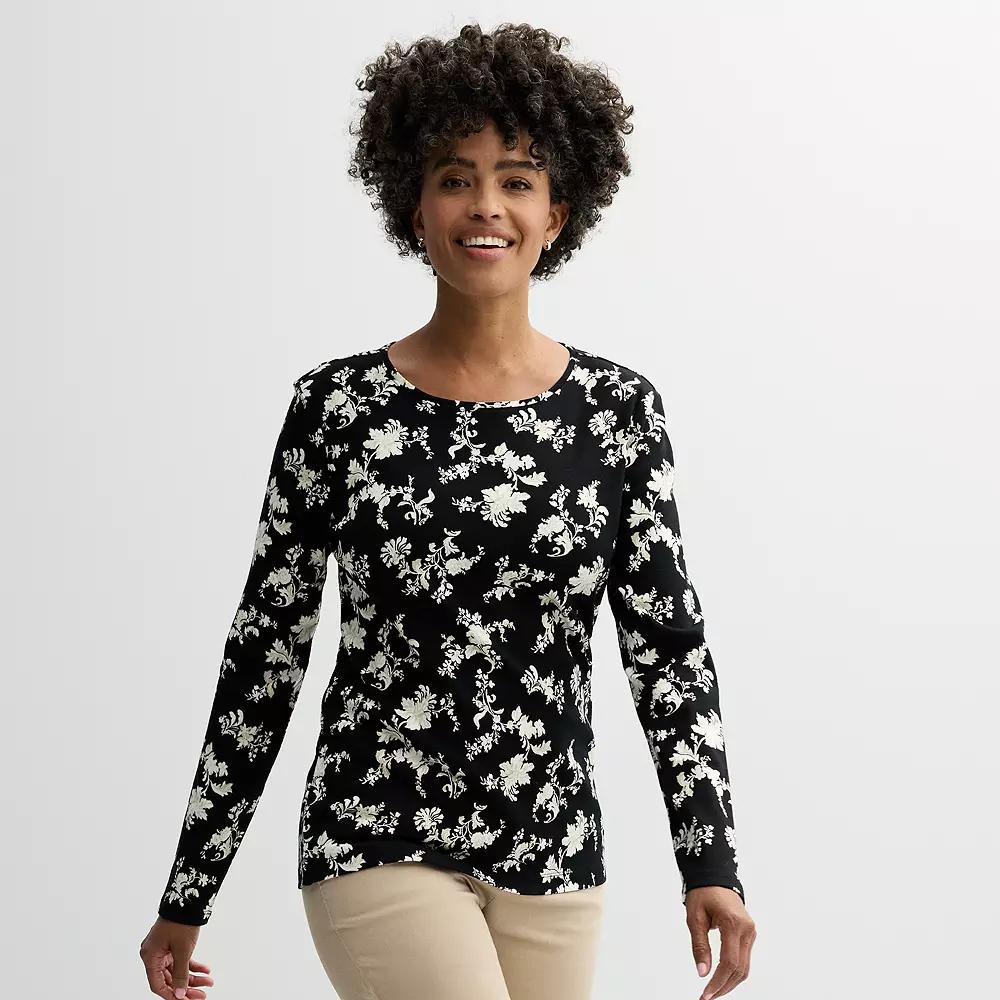 Women's Croft & Barrow® Essential Long-Sleeve Crewneck Tee, Size: XS, Black White Floral Product Image