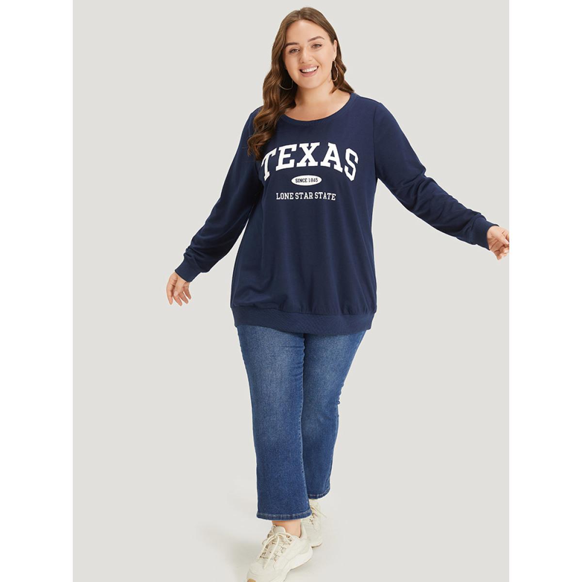 Plus Size Letter Print Crew Neck Elastic Cuffs Sweatshirt Women Indigo Casual Elastic cuffs Dailywear Sweatshirts BloomChic 26/4X Product Image