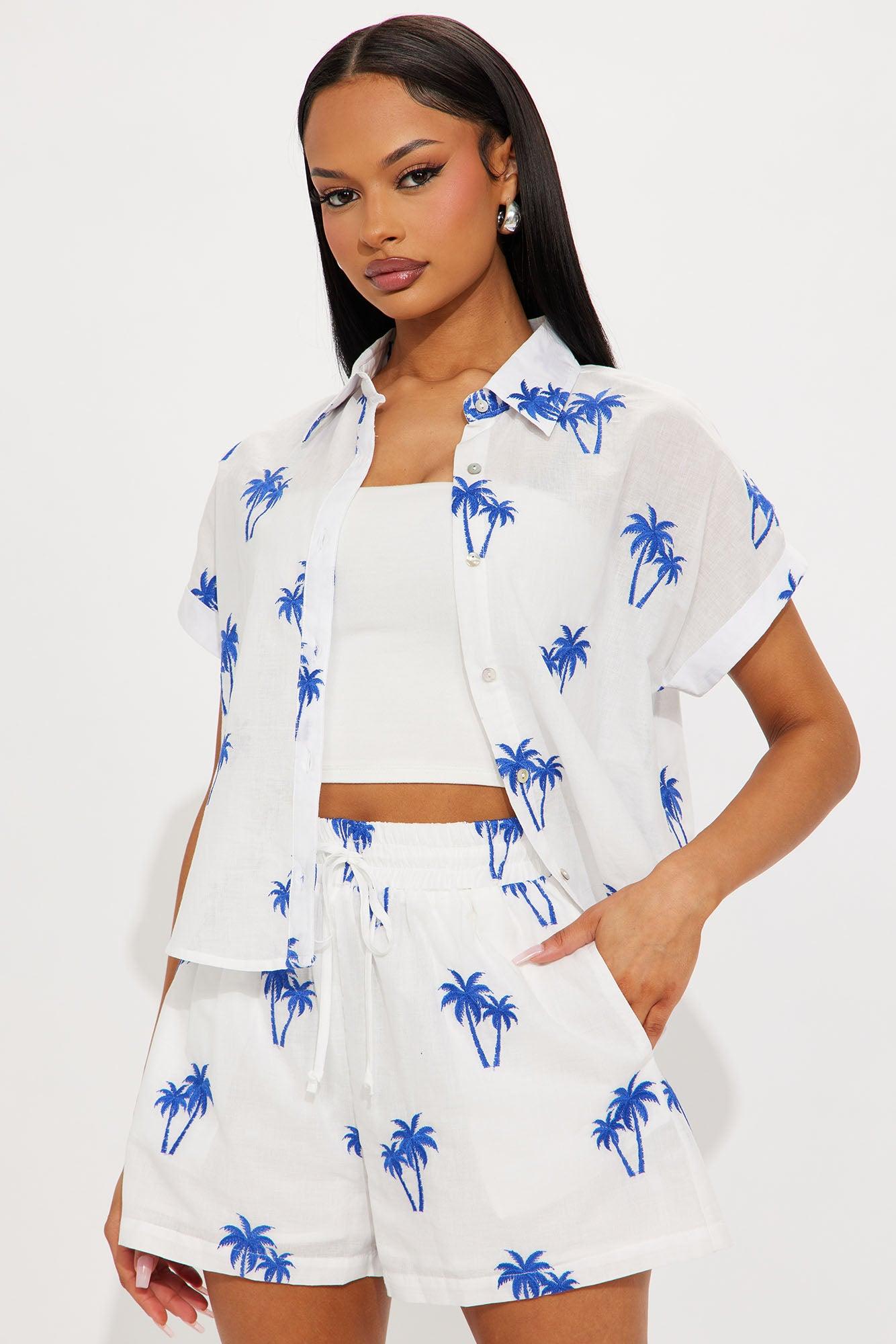 Palm Tree Embroidered Short Set - White Product Image