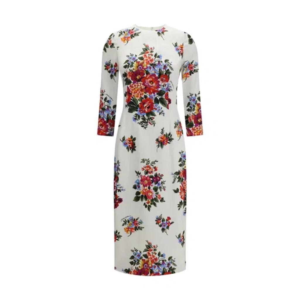 DOLCE & GABBANA Abito Midi Bianco Con Stampa Floreale Dolce E Gabbana In White Product Image