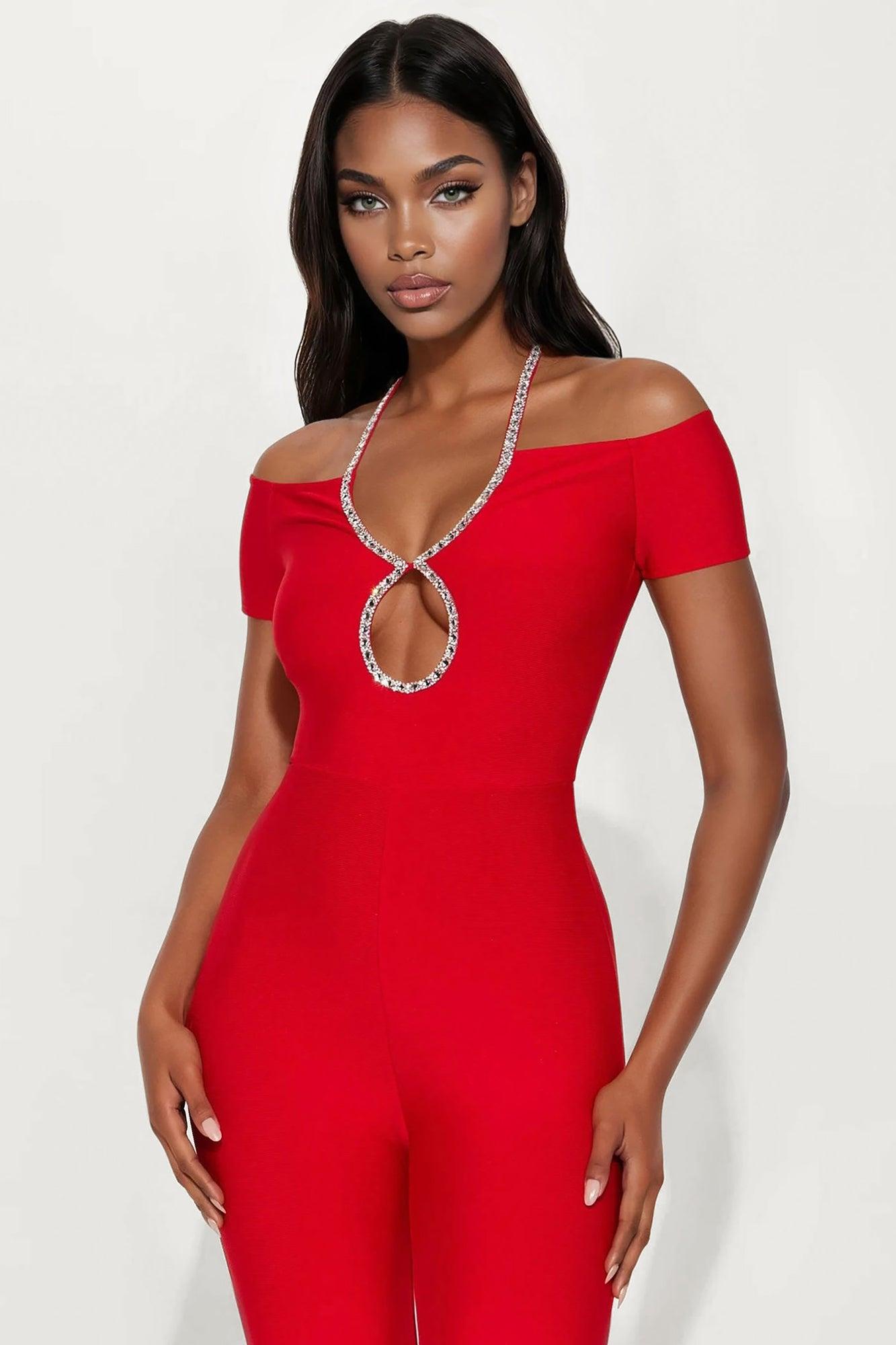 Sienna Bandage Off Shoulder Jumpsuit - Red Female Product Image