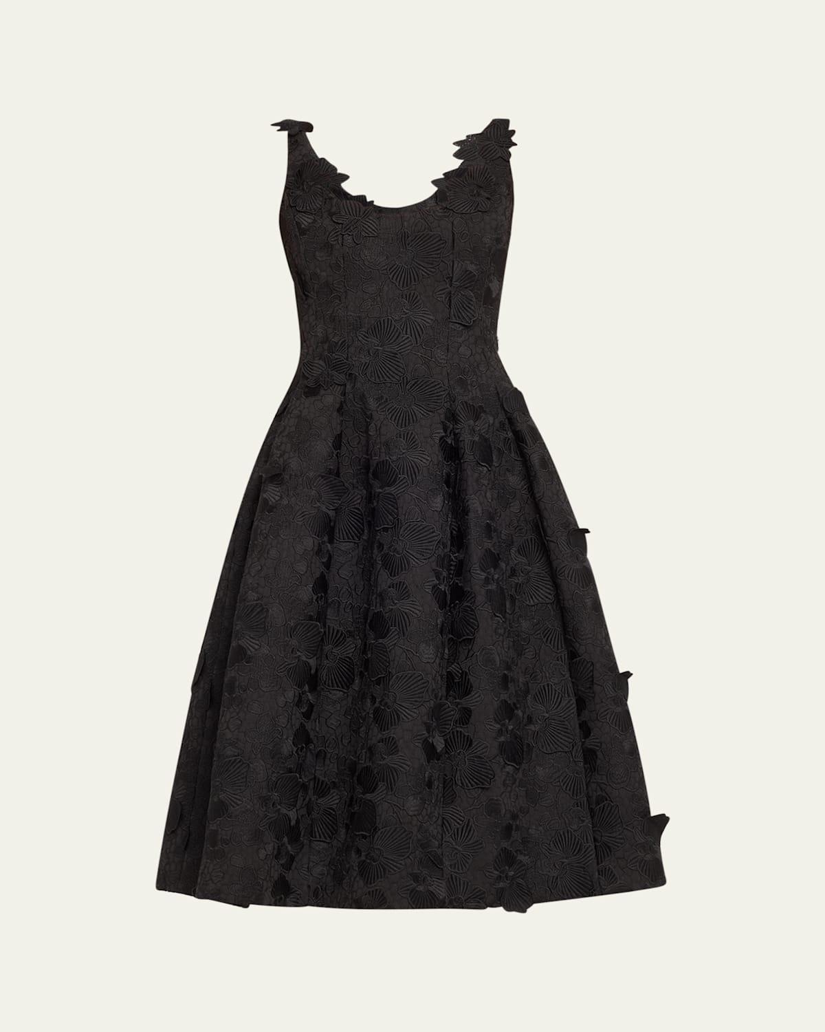 OSCAR DE LA RENTA Orchid-embroidered Guipure Midi Dress In Black Product Image