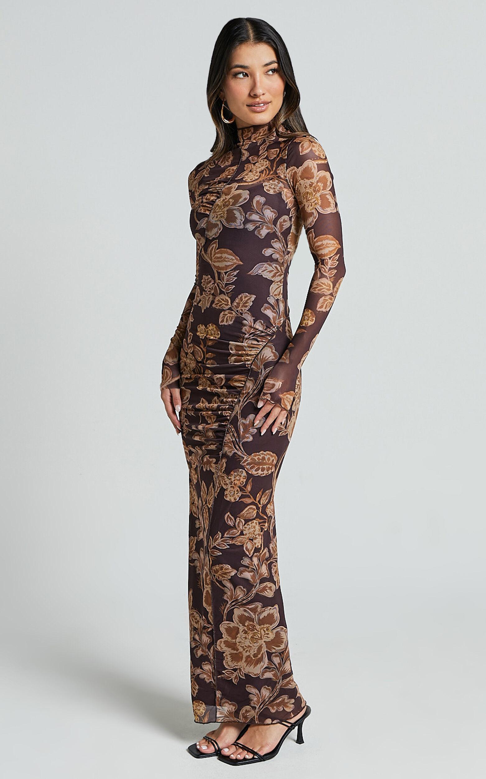 Vivian Midi Dress - High Neck Long Sleeve Mesh Dress in Amber Bloom Print Product Image