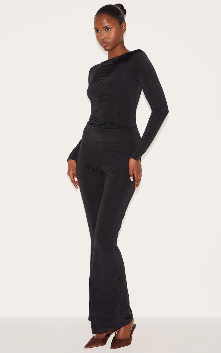 Black Double Layer Slinky Gathered Long Sleeve Wide Leg Jumpsuit Product Image