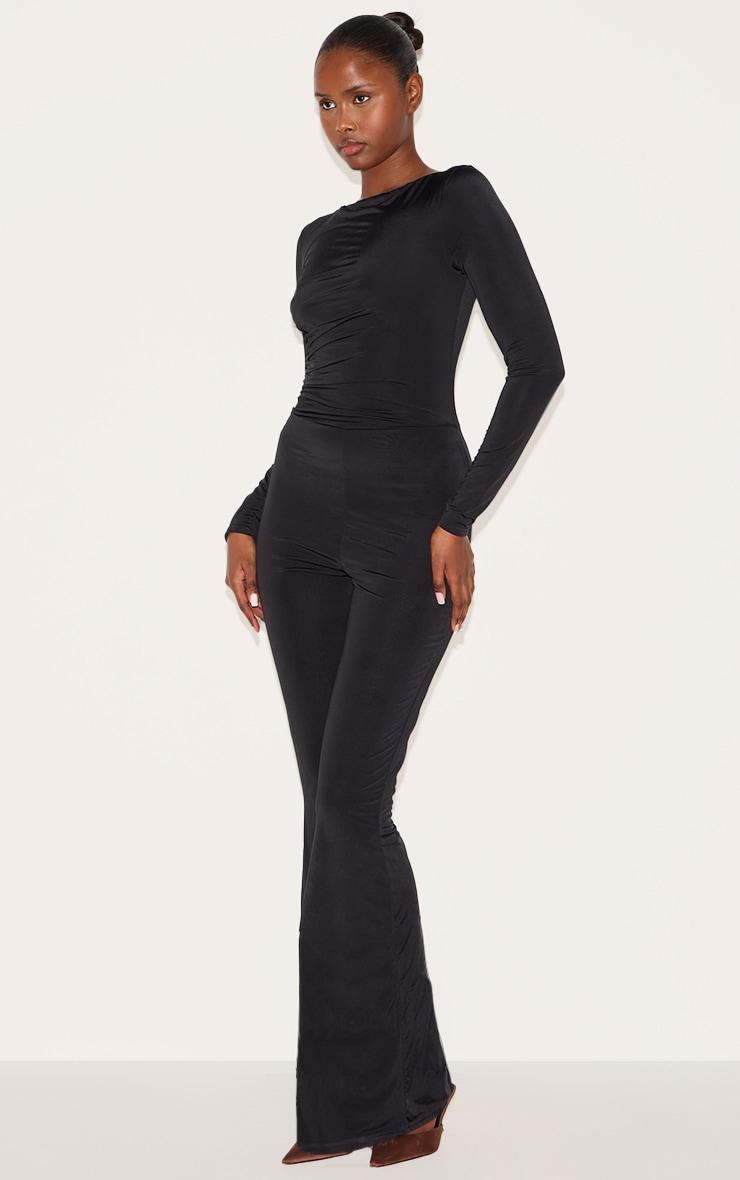 Black Double Layer Slinky Gathered Long Sleeve Wide Leg Jumpsuit Product Image