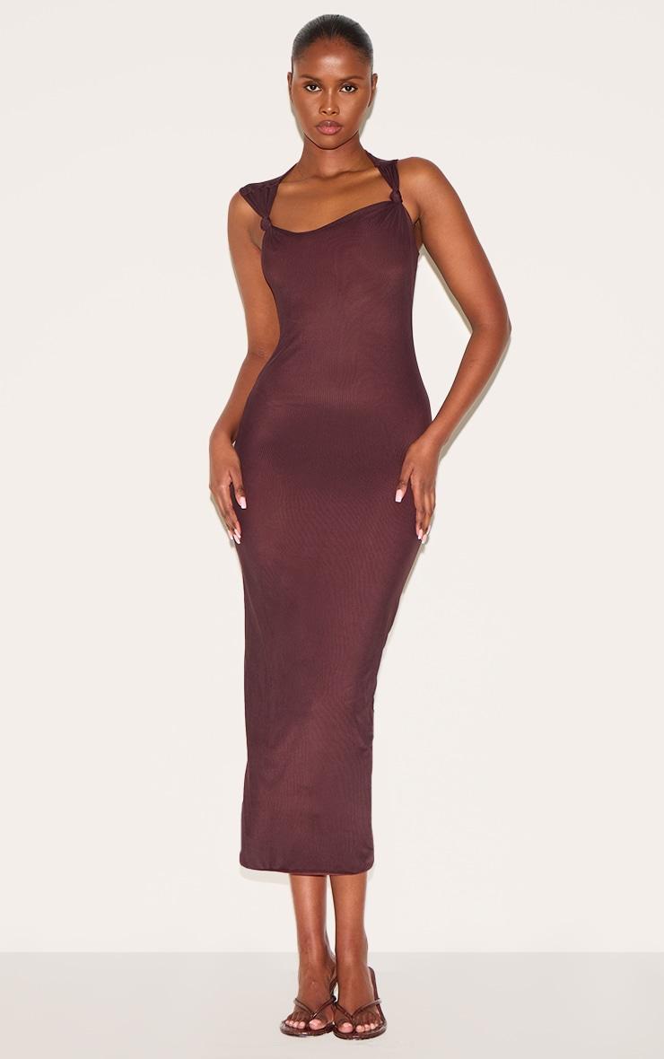 Dark Taupe Lined Mesh Asymmetrical Knotted Midaxi Dress Product Image