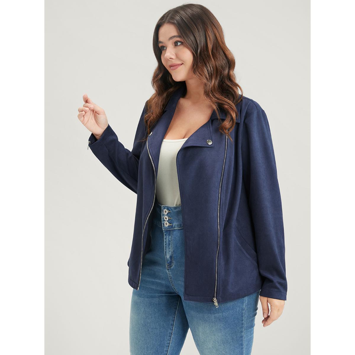 Plus Size Solid Lapel Collar Pocket Zip Up Coat Women Indigo Casual Zipper Ladies Dailywear Winter Coats BloomChic 14-16/1X Product Image
