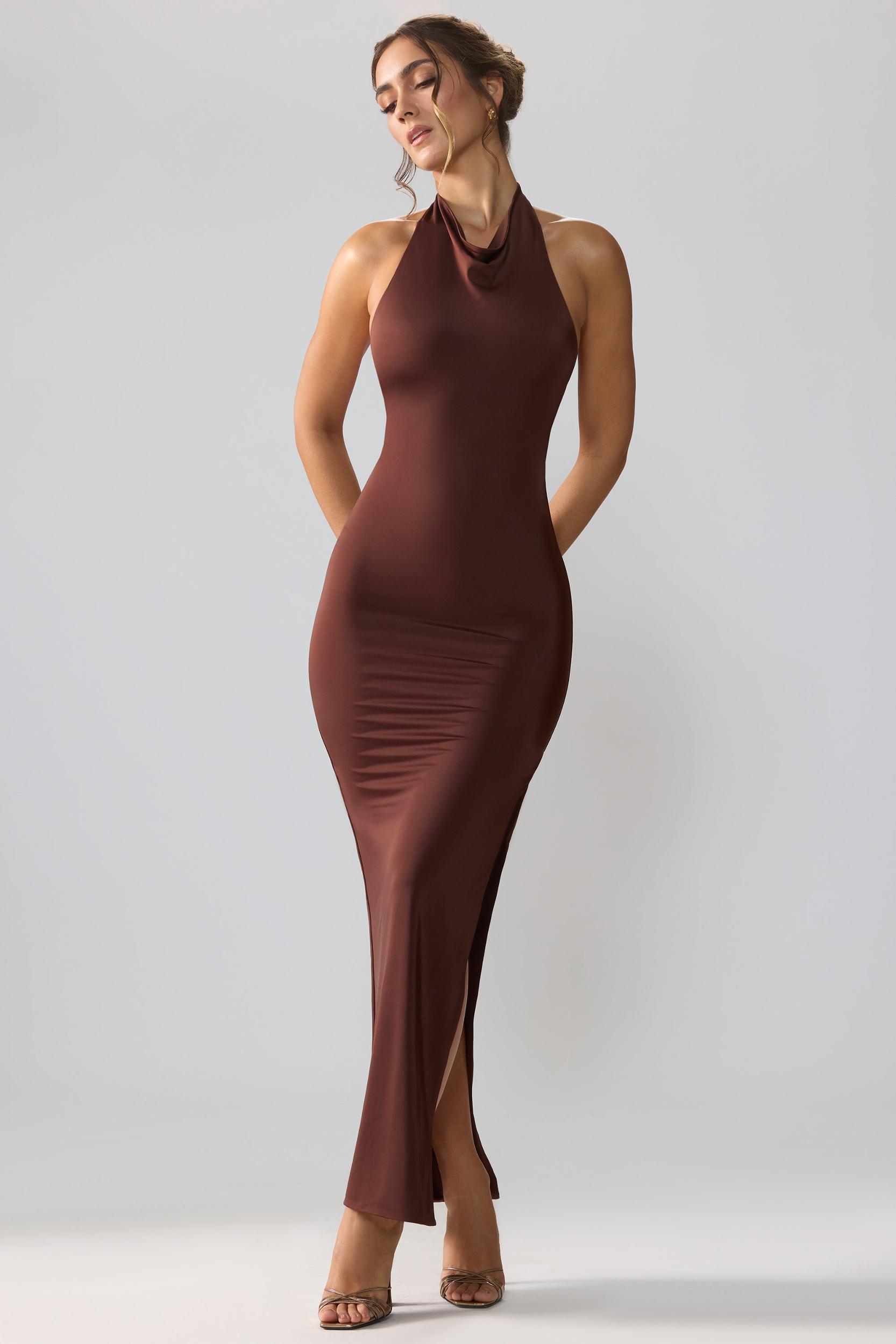 Premium Jersey Cowl Neck Backless Maxi Dress in Espresso Product Image