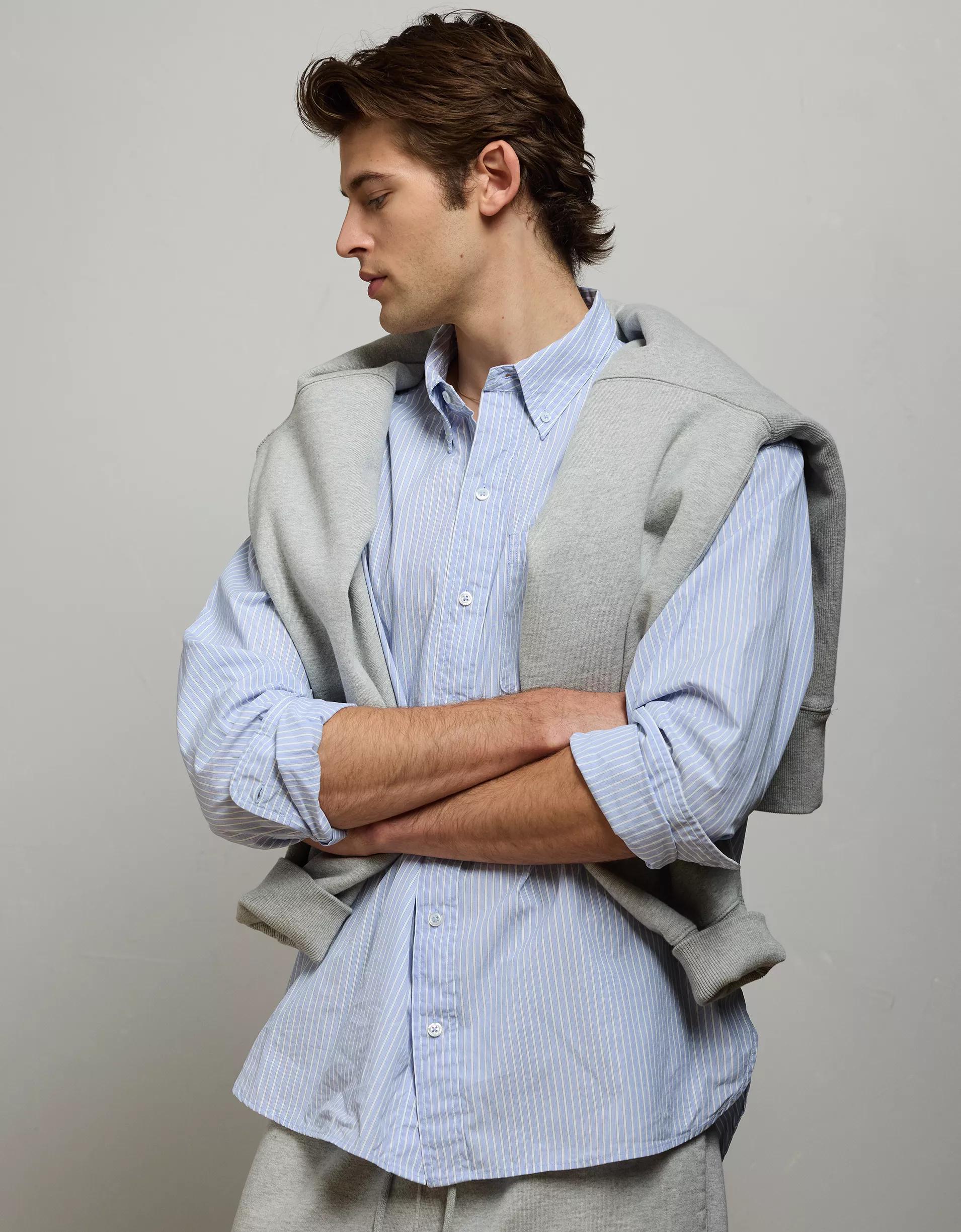 AE77 Premium Relaxed Striped Poplin Button-Up Shirt Product Image