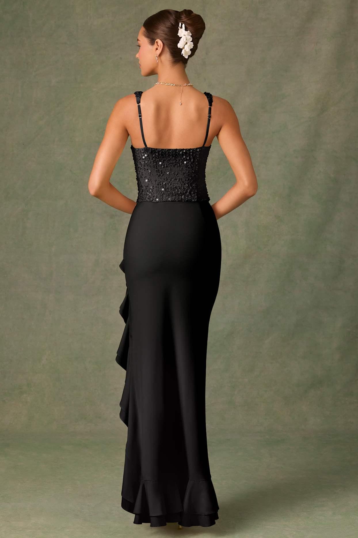 Embellished Ruffle-Trim Corset Gown in Black Product Image