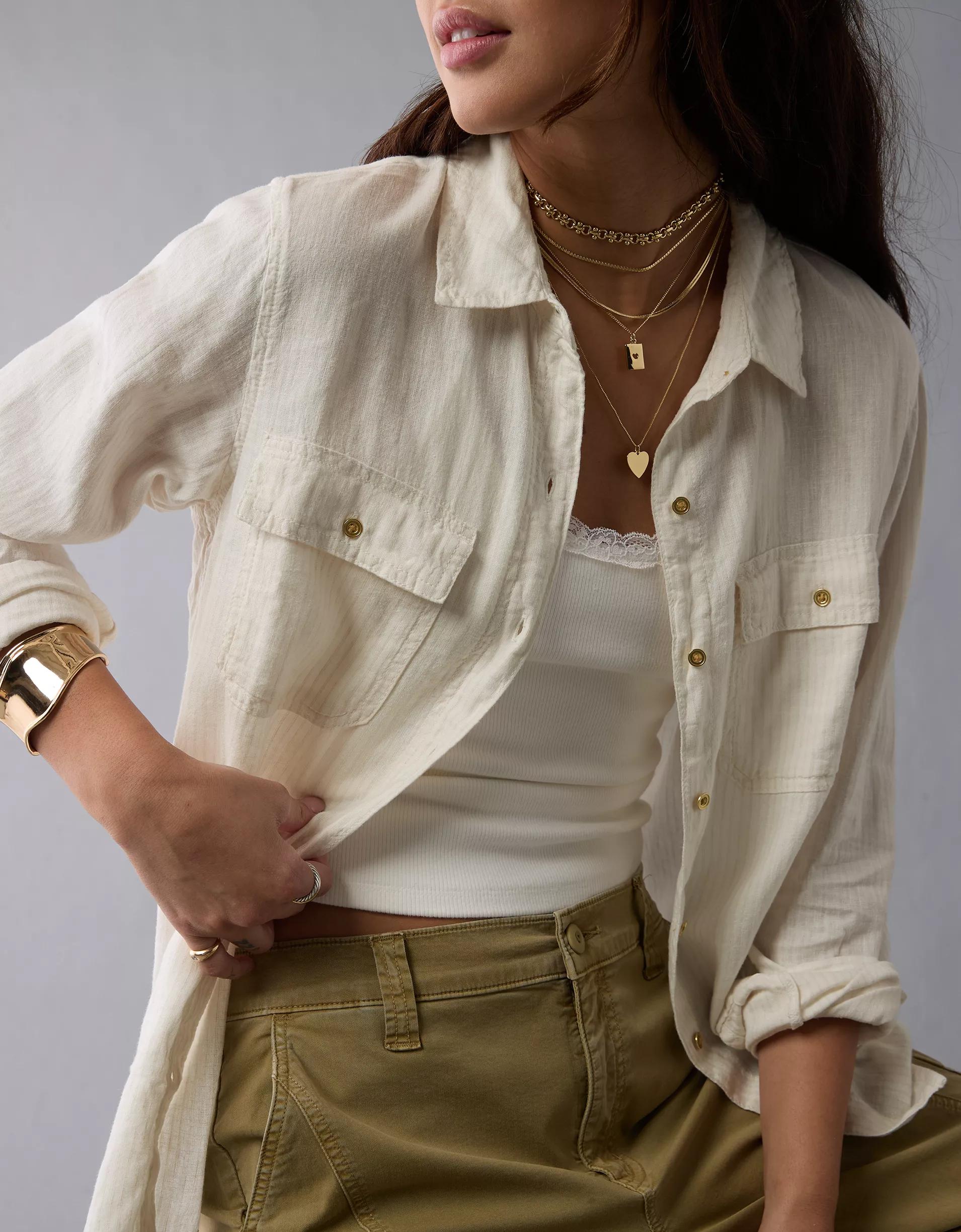 AE Weekend Vibes Linen-Blend Long-Sleeve Button-Up Shirt Product Image